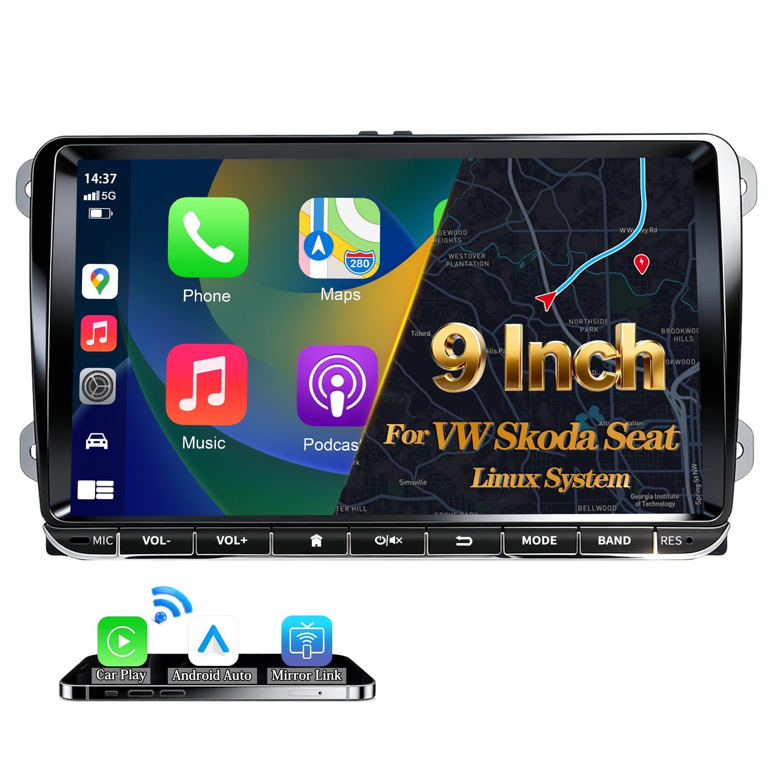 URVOLAX DAB+ Autoradio Bluetooth per VW Skoda Seat: 9 Pollici Schermo per Auto con Apple CarPlay Android Auto Wireless - Linux Autoradio 2 DIN per Golf 5 6 T5 Polo 6r Caddy Touran Passat Tiguan Fabia