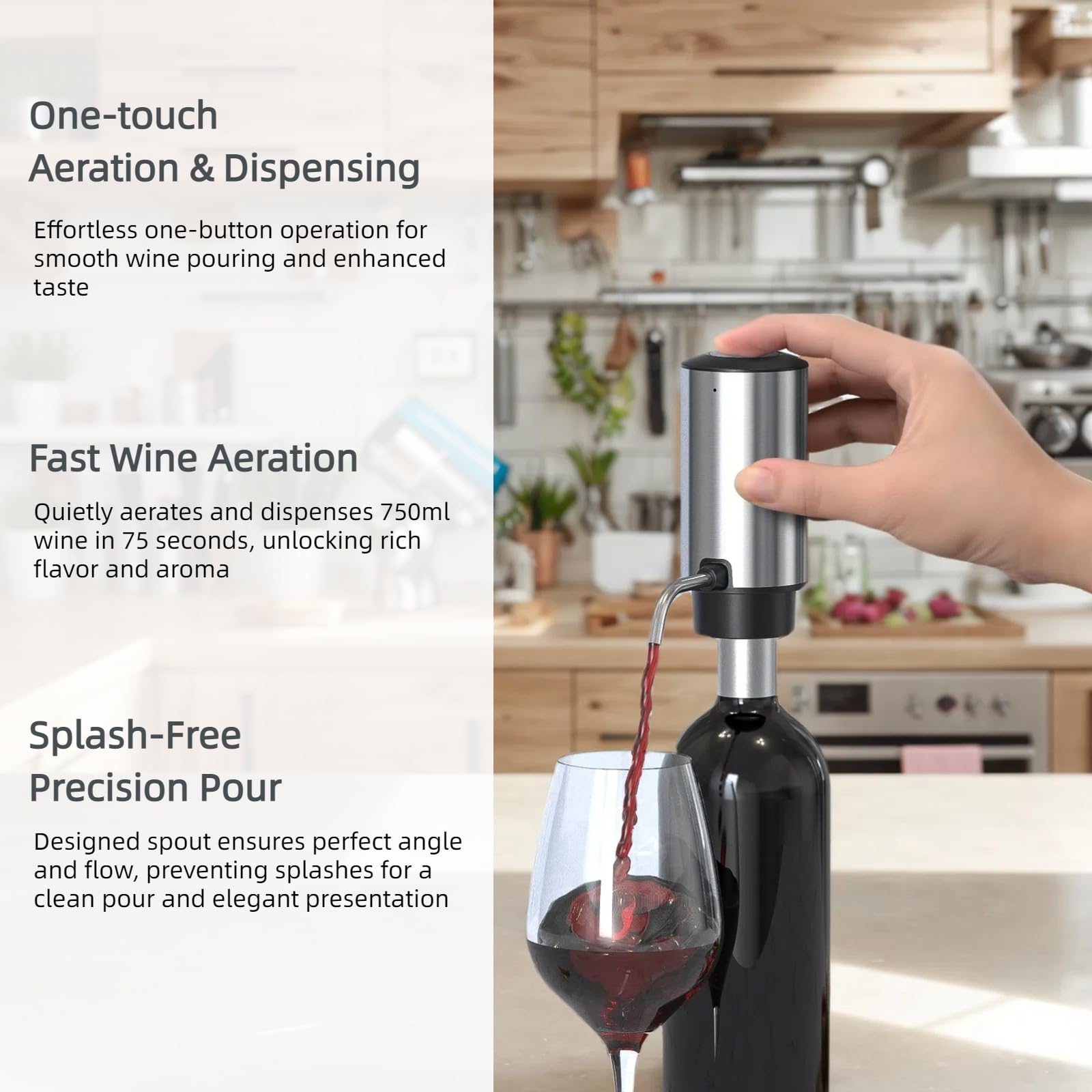 Juego de aireador y dispensador de vino eléctrico recargable, decantador de vino eléctrico con 2 tapones de vino al vacío, base de carga, acero inoxidable, vertedor de vino 2