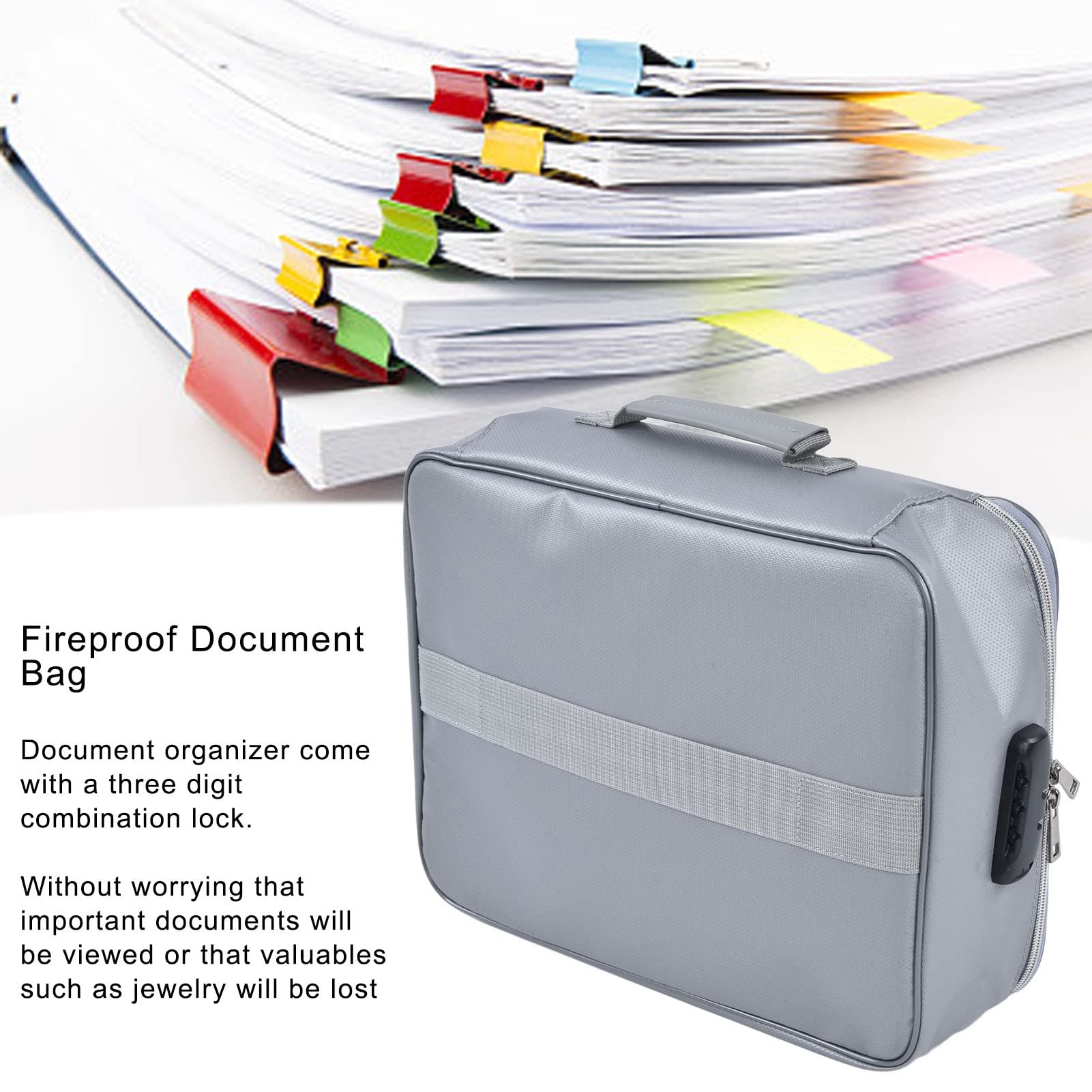Borsa portadocumenti ignifuga, Custodia organizer per documenti con serratura, Cassetta di sicurezza ignifuga di grande capacità per file, contanti, gioielli, passaporto, (Argento)