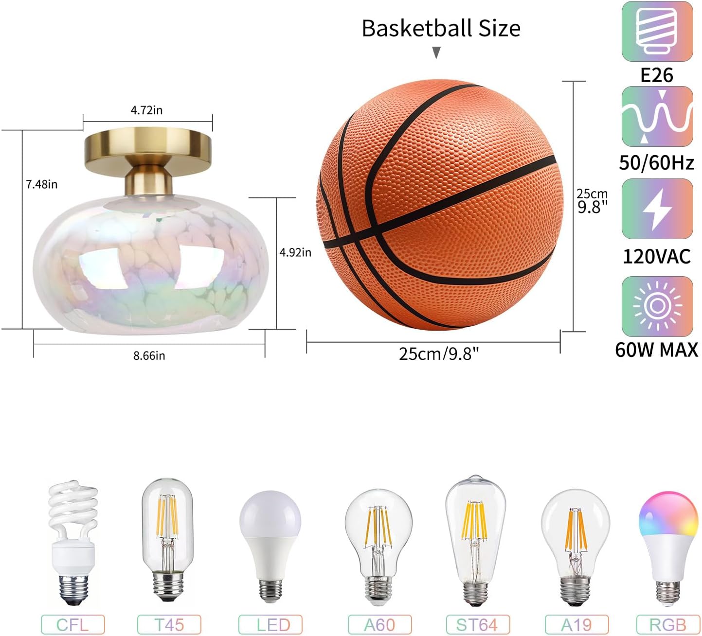 FRIDEKO HOME Glass Ceiling Light - Farmhouse Hallway Lighting Fixtures Ceiling Semi Flush Mount Ceiling Light Fixture for Kitchen Bathroom Entryway Porch (Rainbow-8.66 inch)