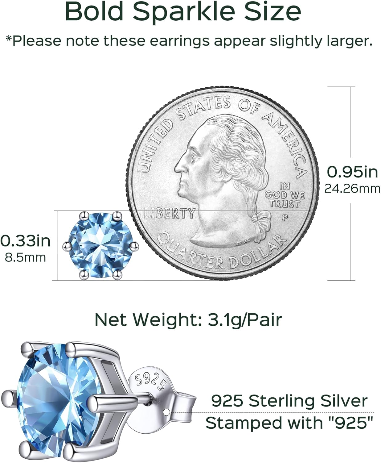 ChicSilver 925 Sterling Silver Birthstone Earrings for Women, 8MM/2 Carat Heart, Round & Princess Cut CZ Stud Earrings, Hypoallergenic Jewelry, Ideal Birthday or Christmas Gifts - Image 5