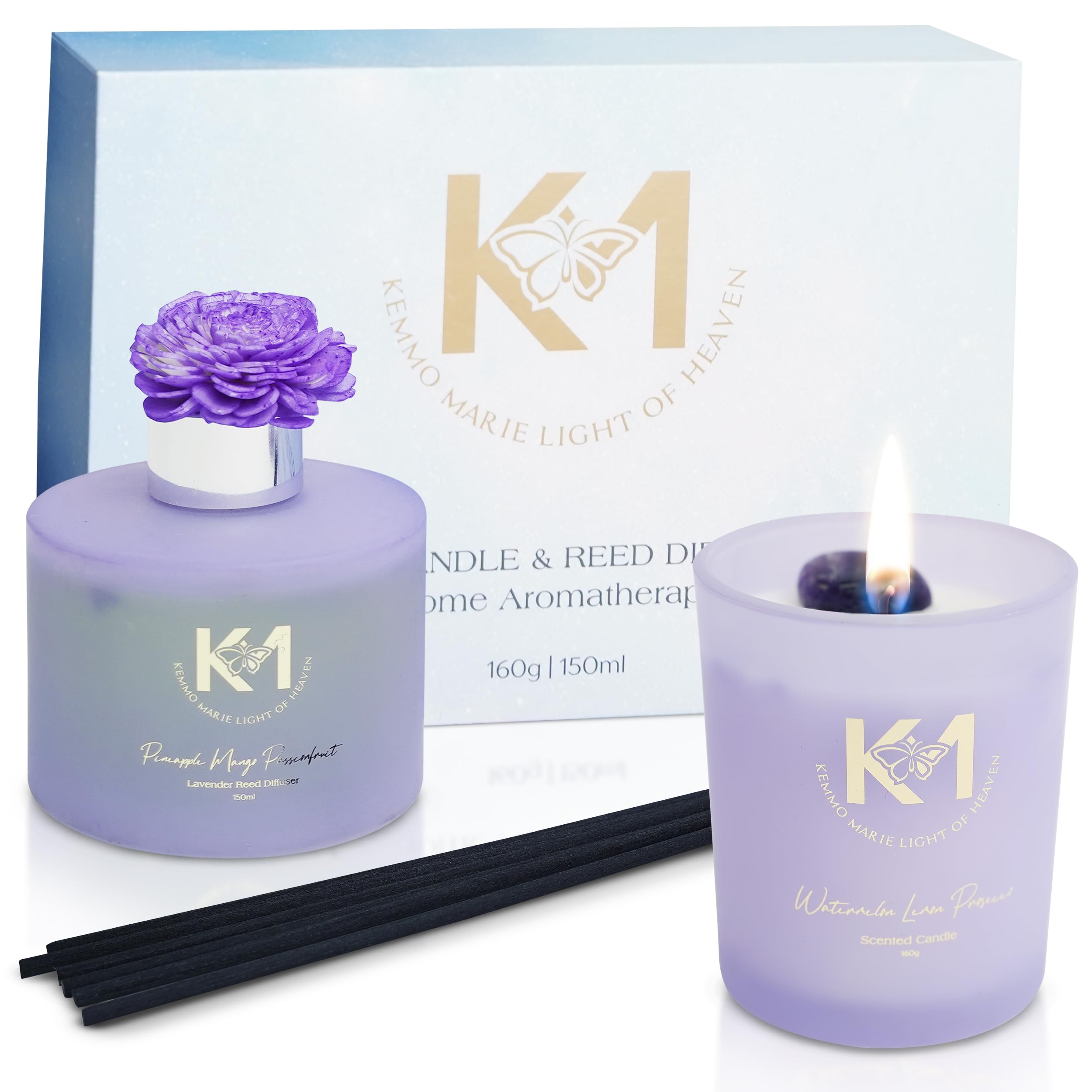 Light of Heaven Soy Wax Scented Candle and Essential Oil Diffuser with Lavender, Purple Flower and Unscented Sticks, Calming Self-Care Aromatherapy for Living Room, Bedroom, Bathroom