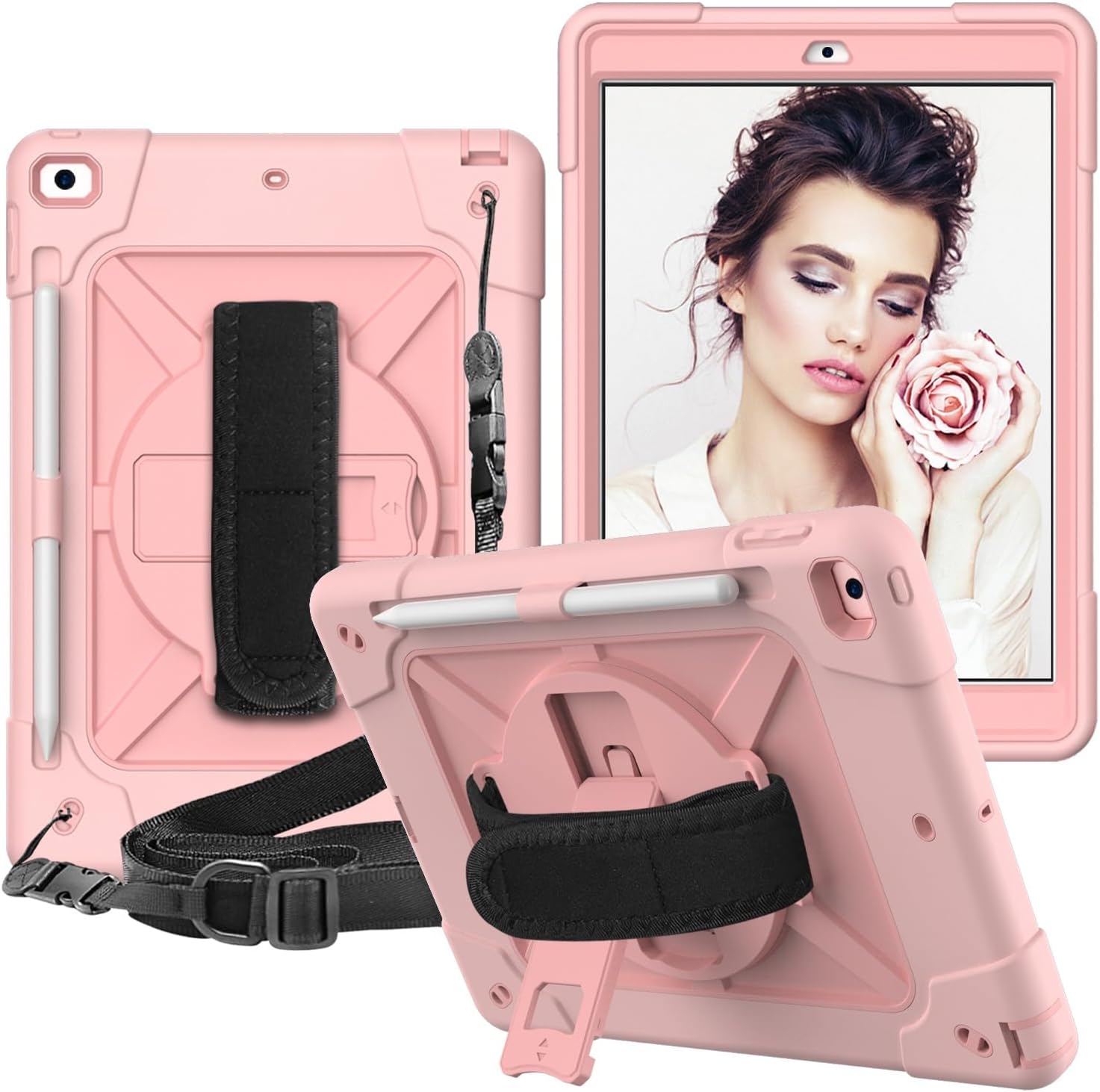 Tablet PC Bags Cases Sleeves Tablet PC Case Compatible with iPad 7th Generation 10.2 Inch 2019,Full-Body Heavy Duty Shockproof Protective Cover with Wrist Strap Stand,Pencil Holder(Rosegold)