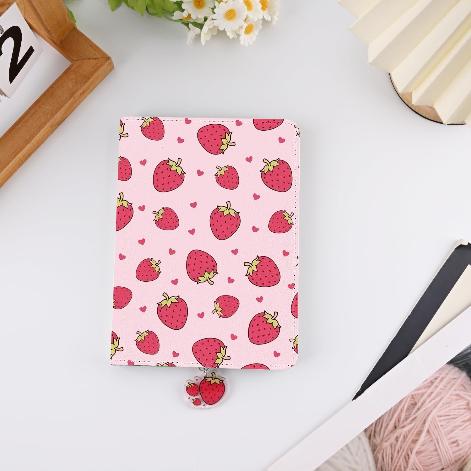 Cute Pink Strawberry Stand Case for 6" Kindle (2024 & 2022 11Th) with Dust Plug Stylish Girl Fruit Pu Leather Soft Cover Auto Sleep/Wake & Hand Strap Simple Kickstand Slim Case for Kindle