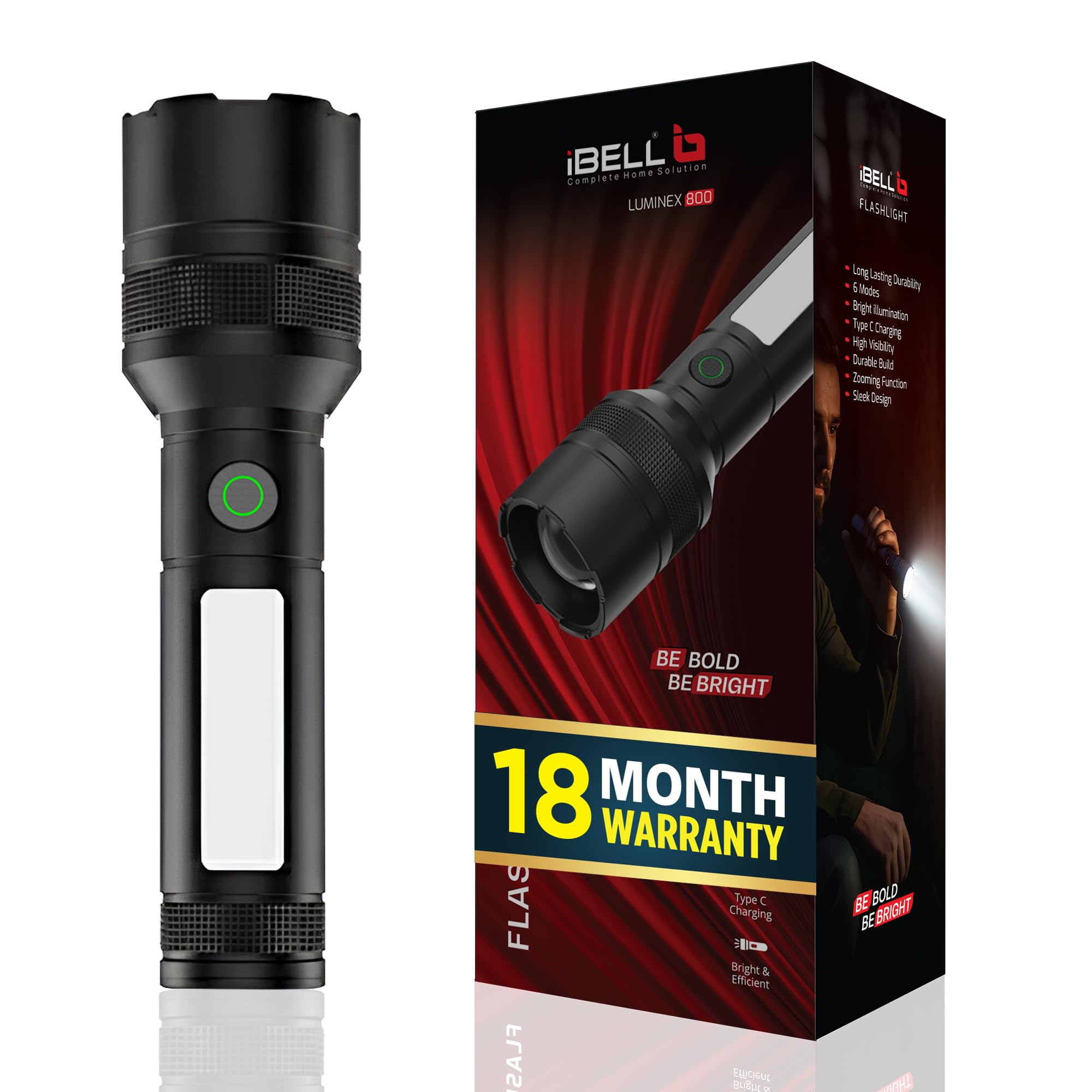 IBELL LUMINEX 800 Rechargeable Torch Light High Power, 6 Light Modes, Telescopic Zoom, Type C Charging, LED Flashlight, Super Bright & Long Distance Range, for Home, Outdoor & Emergency Use (Grey)-image-41