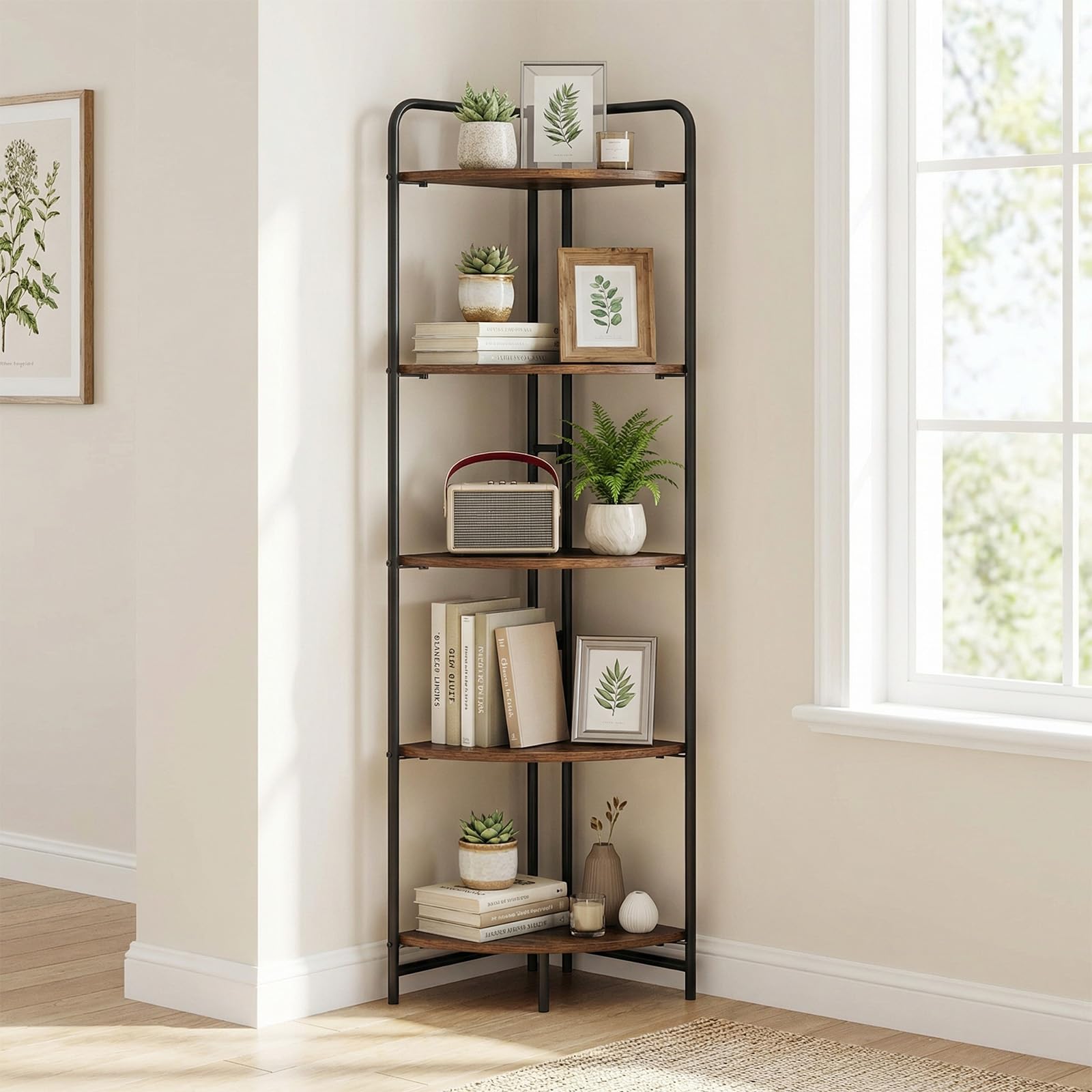 COSTWAY Bibliothèque d'angle à 5 Niveaux Pliable avec Cadre Métallique