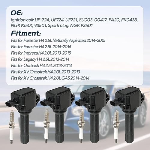 Miniatura 2 de Yeedaky Paquete de 4 bobinas de encendido UF724 + 4 bujías de iridio NGK93501 para Subaru Outback H4 2.5L 2.0L 2013-2014 Kit de bujías y paquetes de