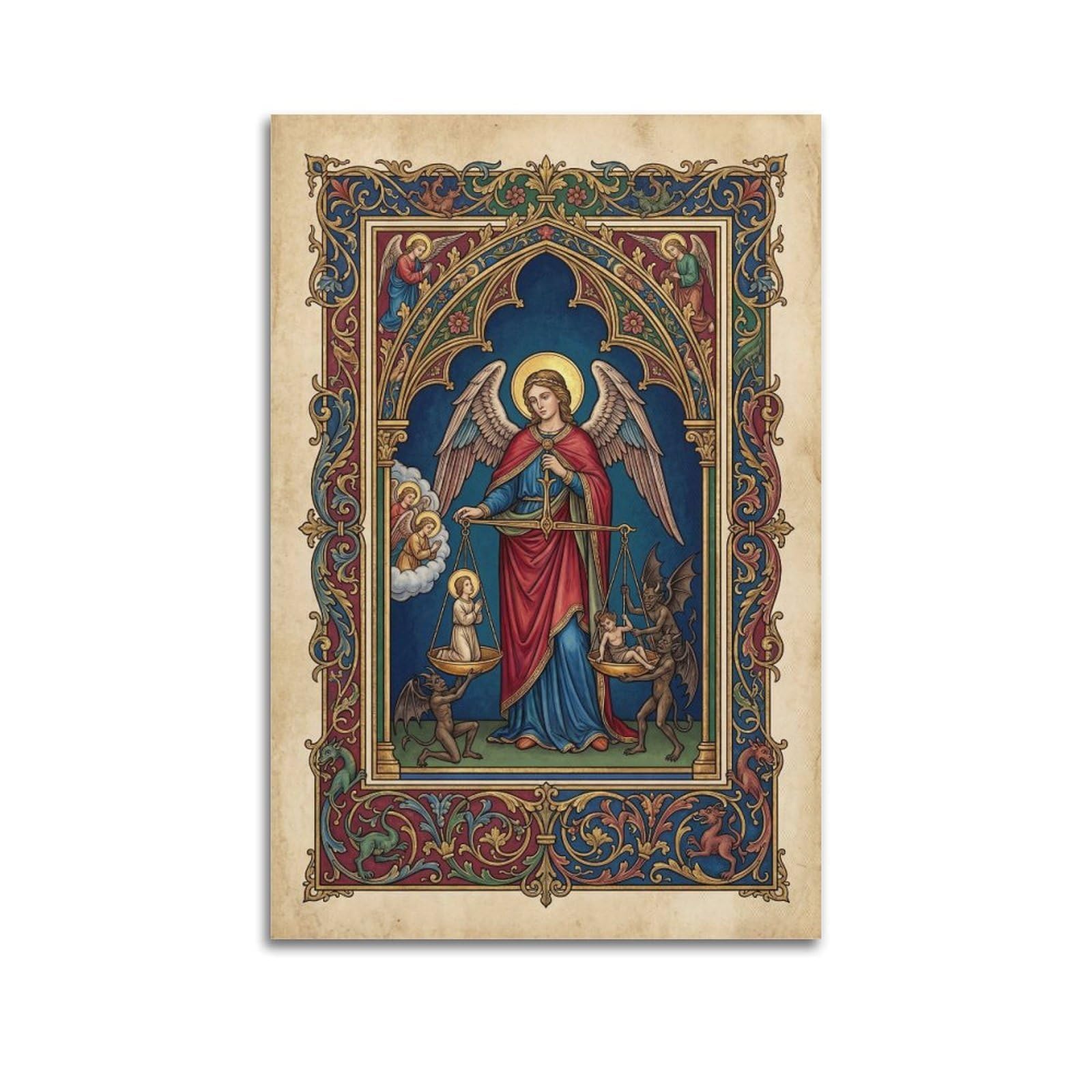 OKNGB Bible Christian Poster St. Michael Archangel Weighing Souls Decorative Painting Canvas Art Picture 24x36inch(60x90cm)