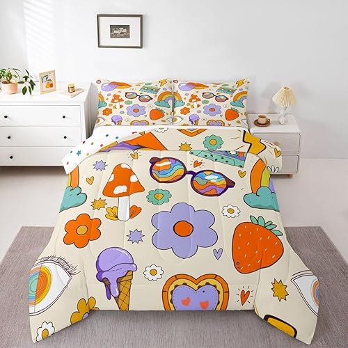 Miniatura 27 de Juego de edredón Kawaii de hongos, tamaño Queen, bohemio, juego de ropa de cama con estampado floral hippie y groovy, juego de ropa de cama y juegos