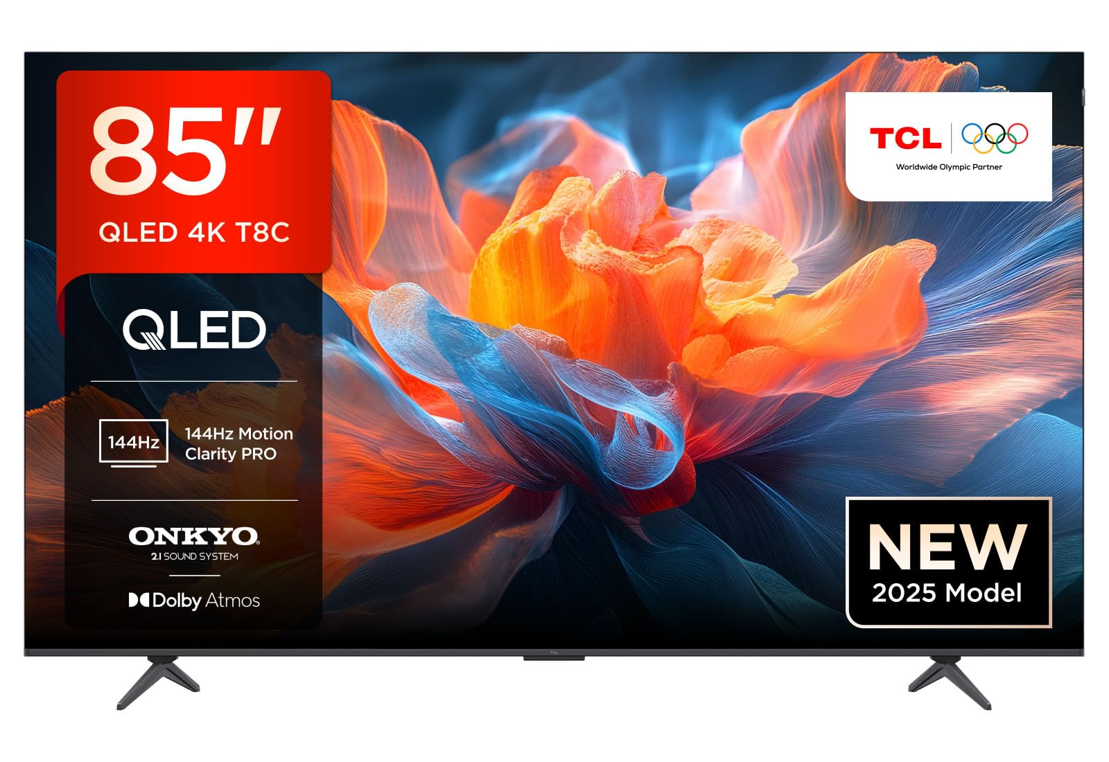 TCL 85T8C-UK 85" 4K 144Hz Gaming QLED Onkyo 2.1 Dolby Atmos Google TV with Dolby Vision & HDR 10+ BBC iPlayer (2025 New Model) [Energy Class F]