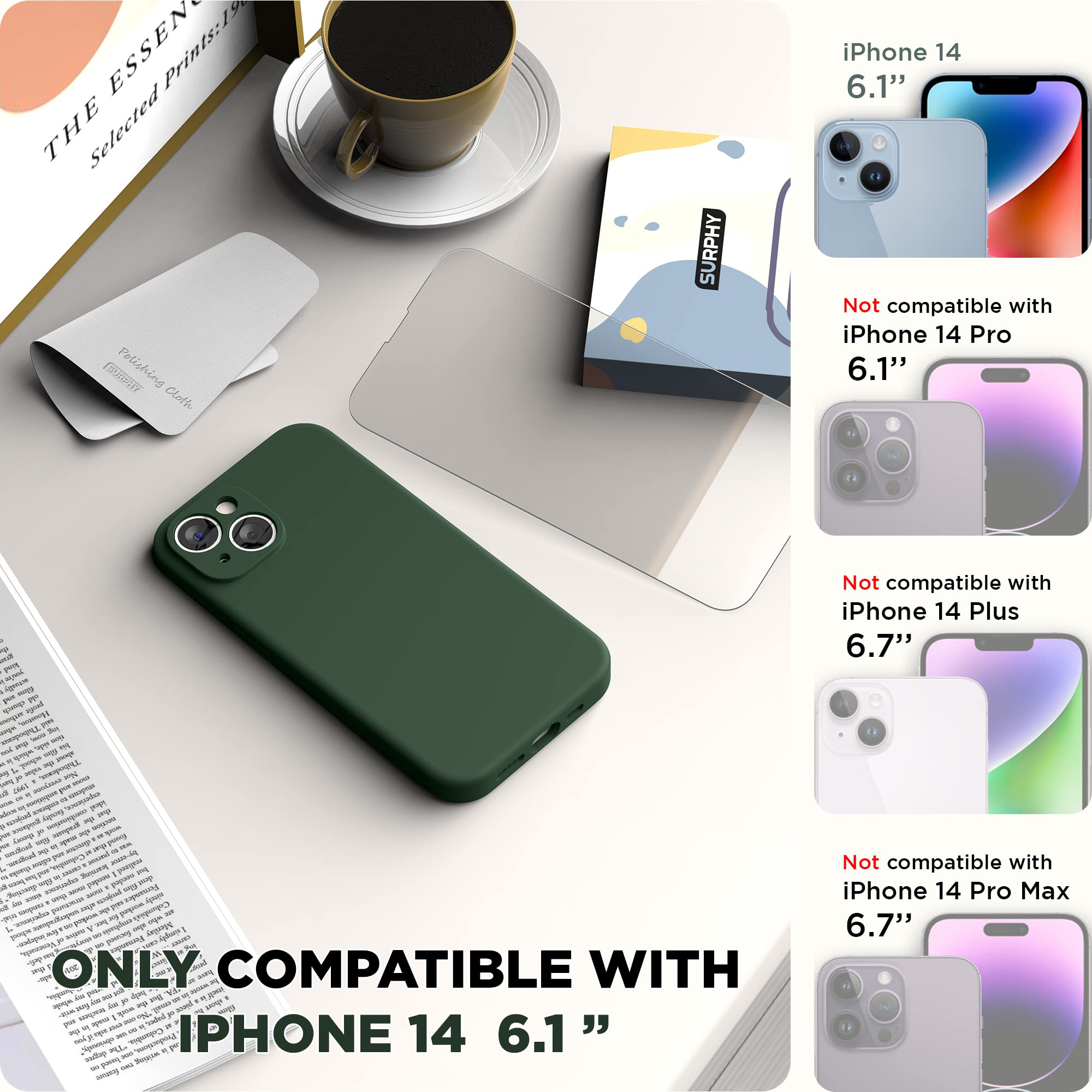 SURPHY Silicone Cover per iPhone 14 6.1 Pollici, con Vetro Temperato, Custodia Antiurto per iPhone 14, con Protezione per Ogni Lente Full Body Protettiva Case per iPhone 14 2022, Verde trifoglio