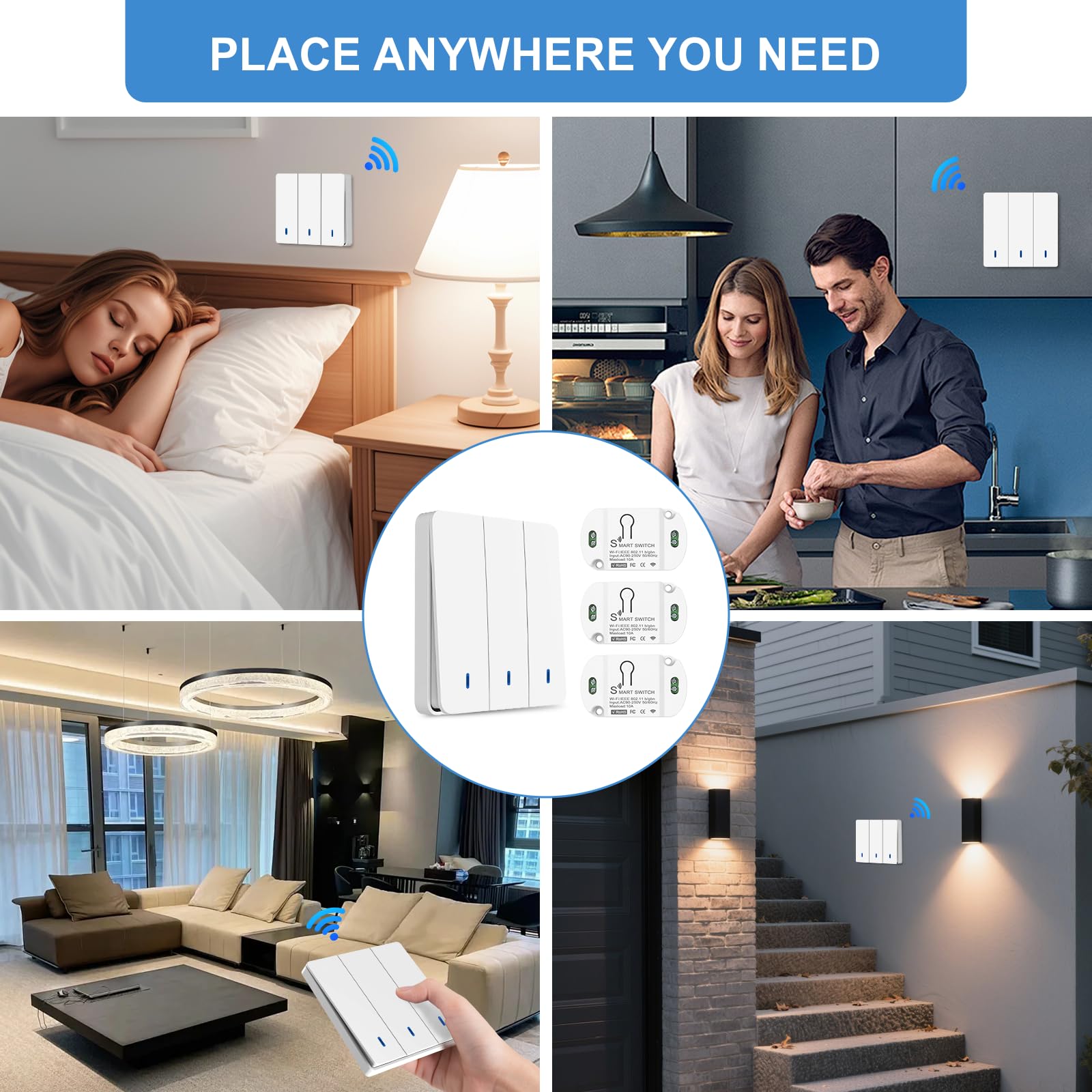Interruttore Senza Fili, Interruttore luce Senza Fili, Interruttore Wireless, Interruttore wifi Smart Life, Interruttore Sicurezza Trasmettitore RF 433Mhz e 3 Controller Ricevitore 10A, Portata 100 m