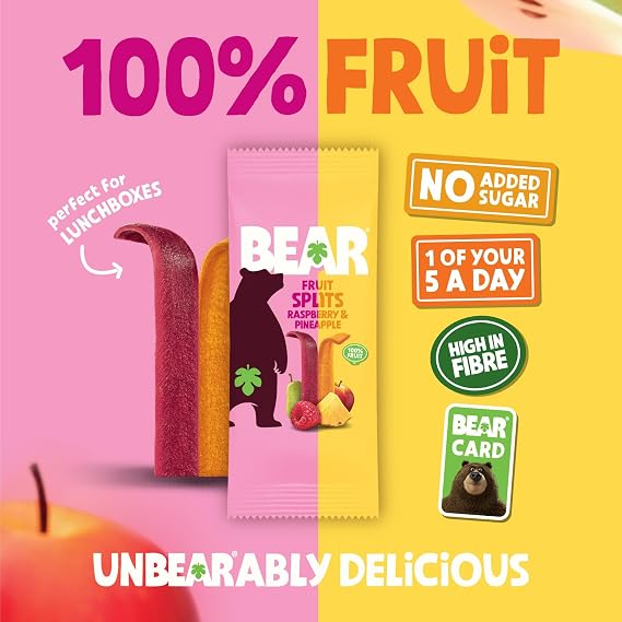 BEAR Fruit Splits Pineapple & Raspberry (Pack of 18) – 100% Fruit, No Added Sugar, Ideal lunchbox snack for kids or On‑the‑Go