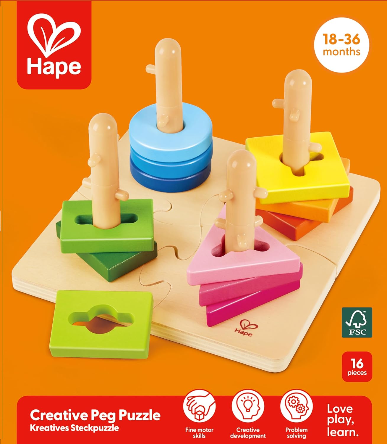 Hape Wooden Creative Peg Puzzle| Shape Sorter Stacking Peg Puzzle| Montessori Color Recognition Stacker Toy for Toddlers