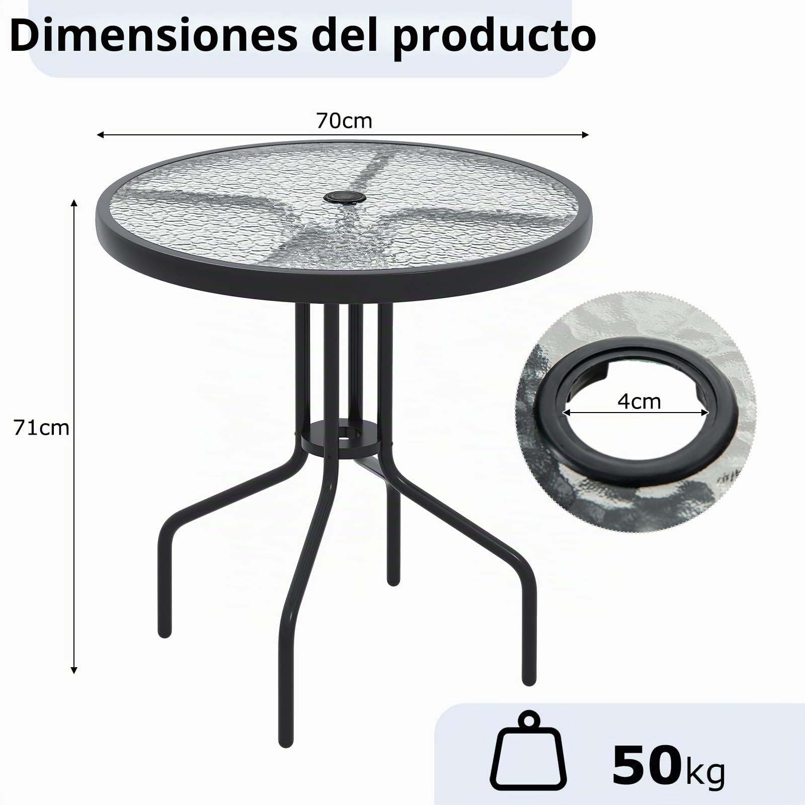 KOMFOTTEU Mesa de Jardín de Vidrio Templado con Agujero para Sombrilla 4 cm | Mesa de Comedor Redonda con Marco de Metal, para Balcón, Terraza, Diámetro 70 cm