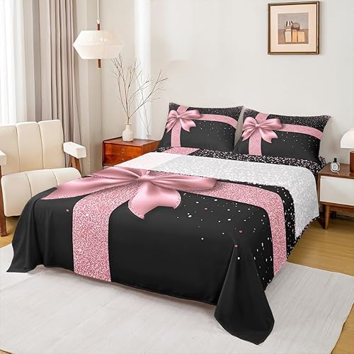 Juego de sábanas de microfibra con lazo rosa, tamaño Queen, con purpurina rosa, para decoración de dormitorio de adultos, juego de ropa de cama de