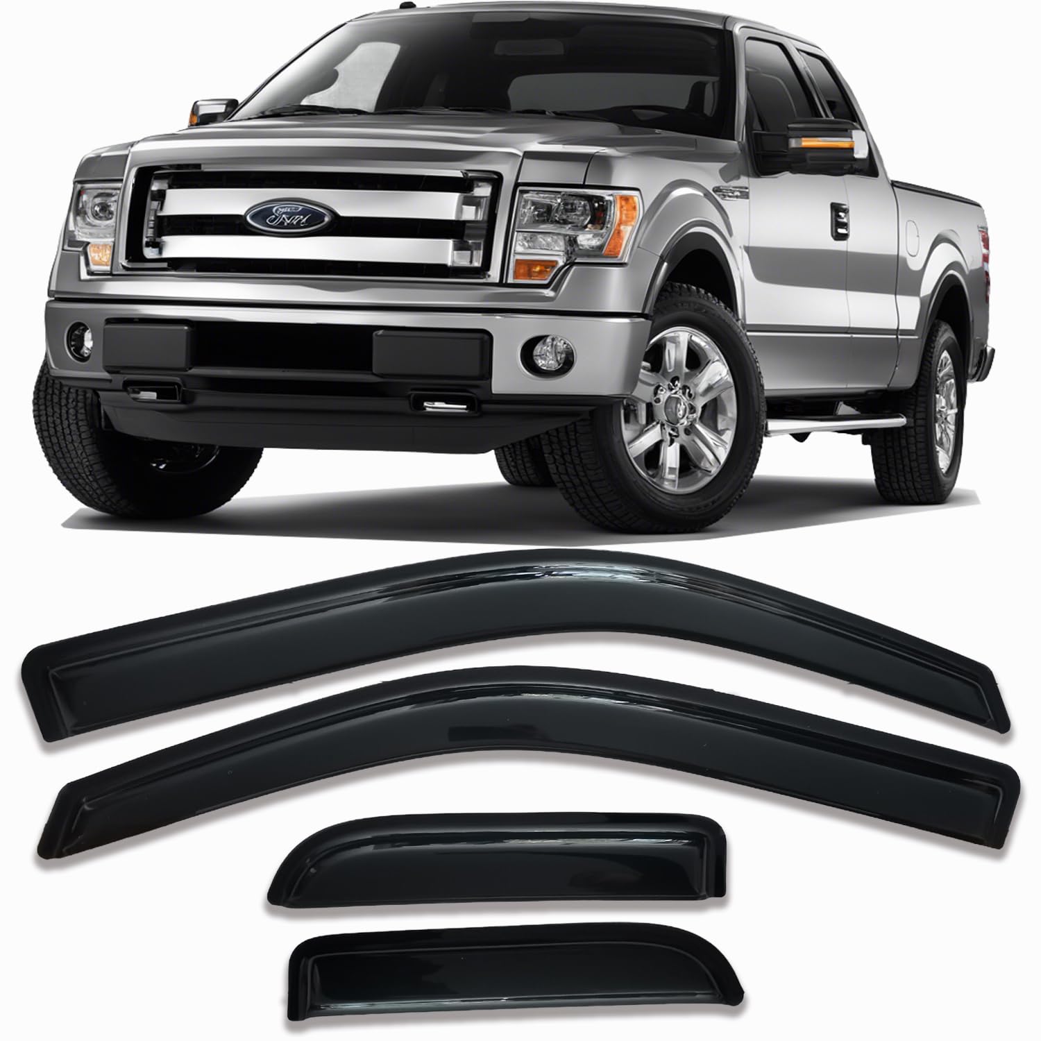 Tape On Side Car Window Visors Rain Guards Sun Shade Vent Deflectors for Ford F-150 Supercab/Extended Cab 2004-2014, 94738 Outside Dark Smoke Tinted