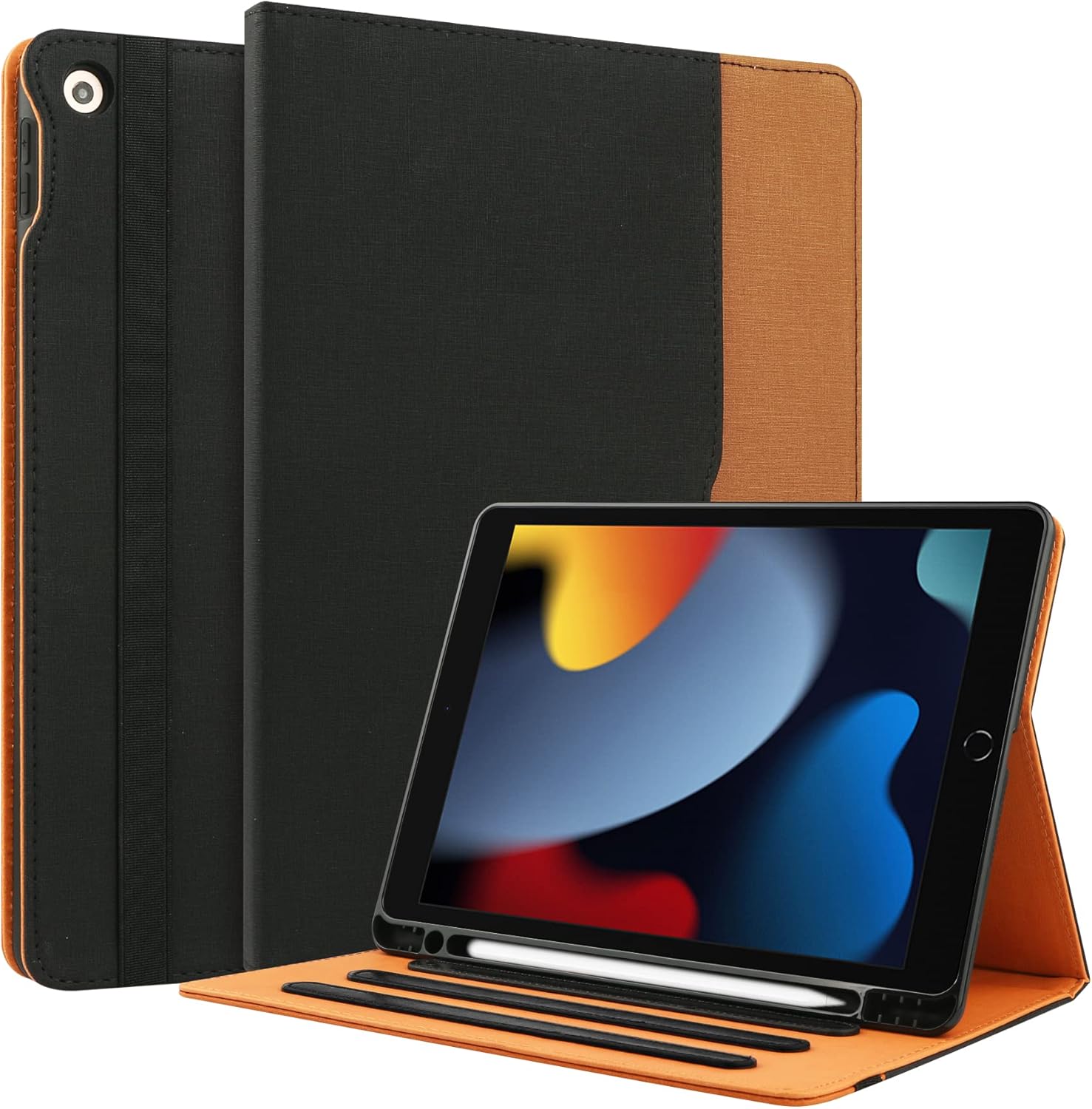 for iPad 9th/8th/7th Generation Case 2021/2020/2019 for iPad 10.2 Inch Case with Pencil Holder and Pocket, Auto Sleep/Wake, Multiple Viewing Angles(Black/Brown)