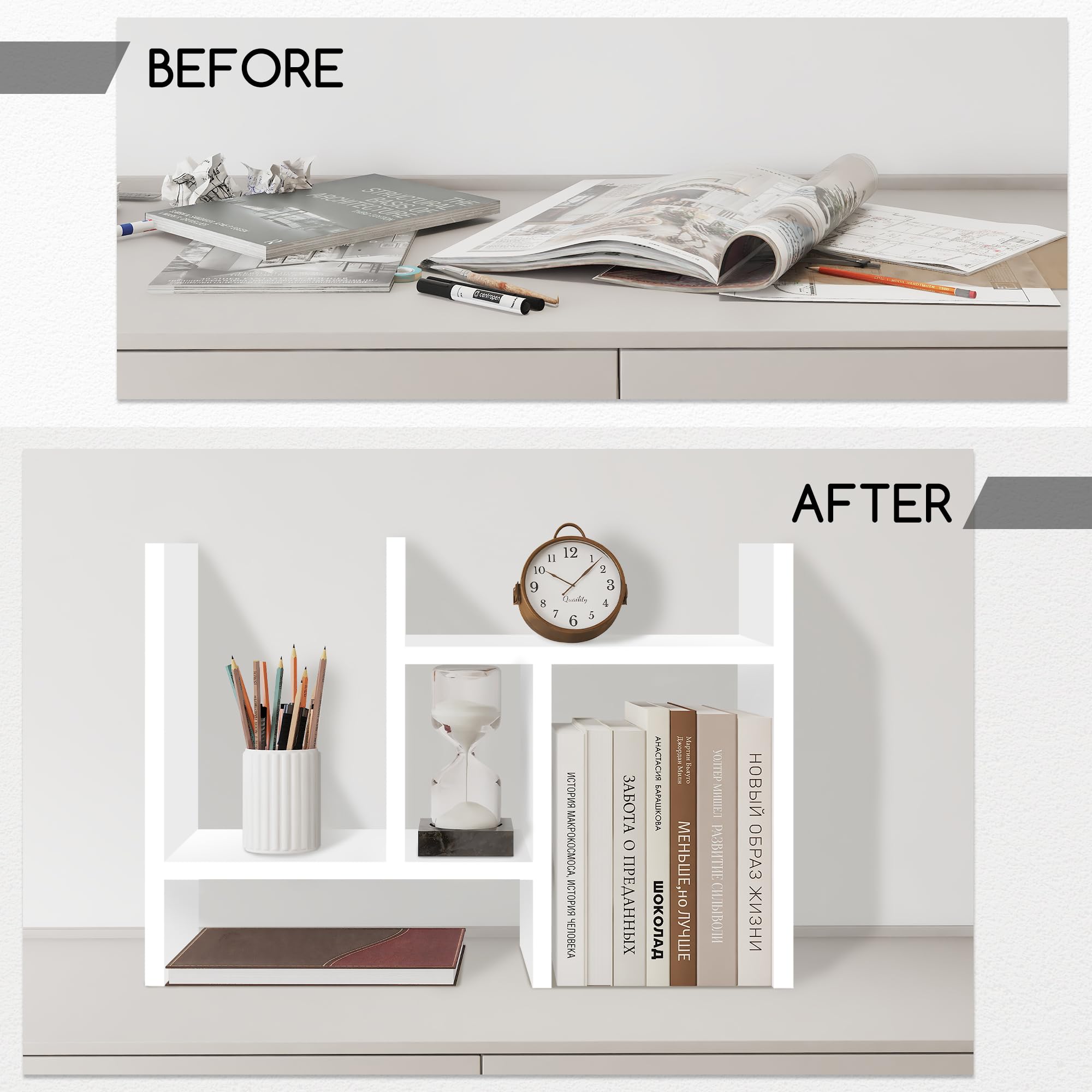 Jerry & Maggie Schreibtisch-Organizer, Büro-Aufbewahrungsregal, verstellbares Holzregal, freier Stil, Doppel-H, multifunktionales Mini-Bücherregal für Schreibtisch, natürlicher Ständer (weiß)