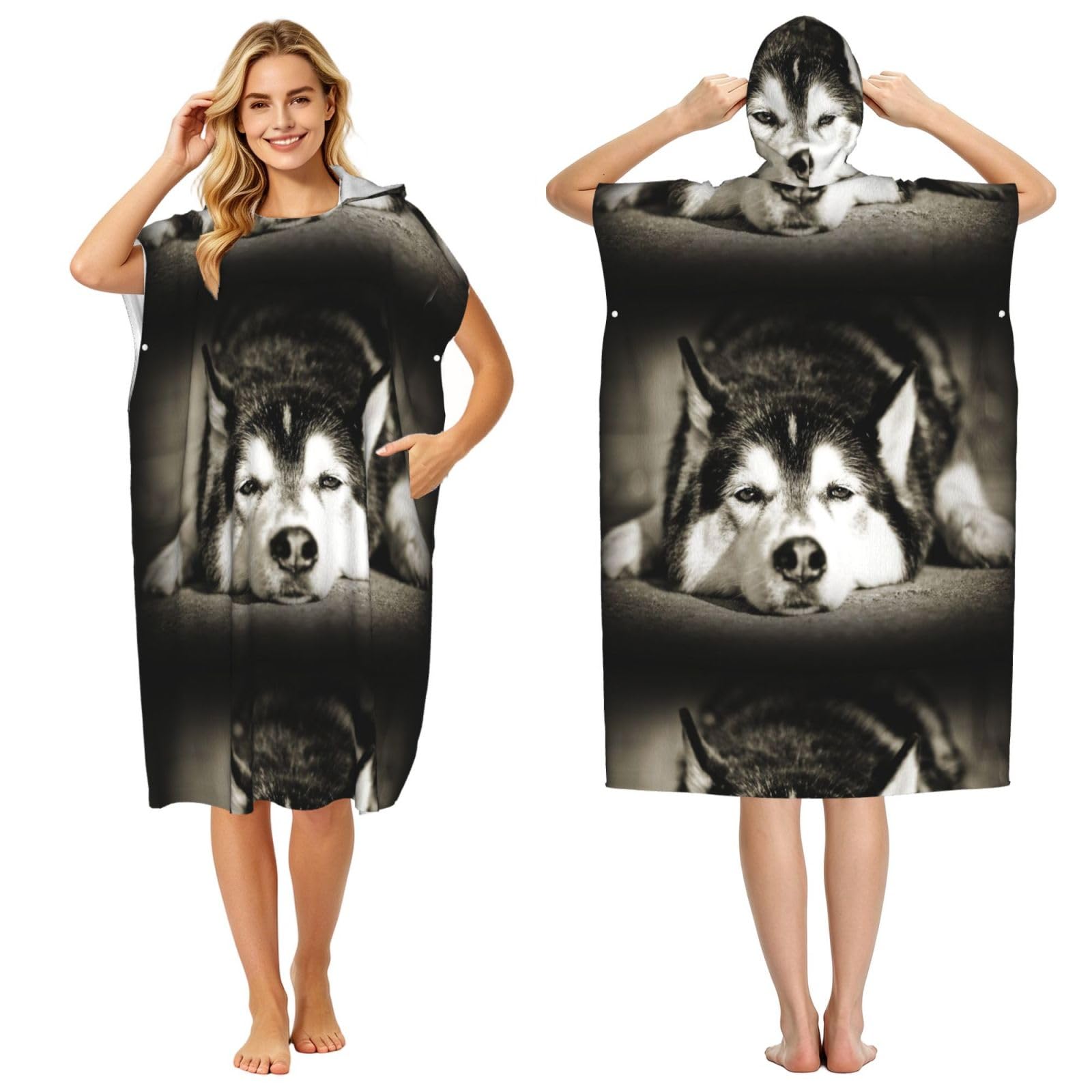 Poadnly Siberian Husky, Adult Hooded Beach Towel 90 x 110 cm,Changing Bath Robe, Surf Poncho Towel For Women Men