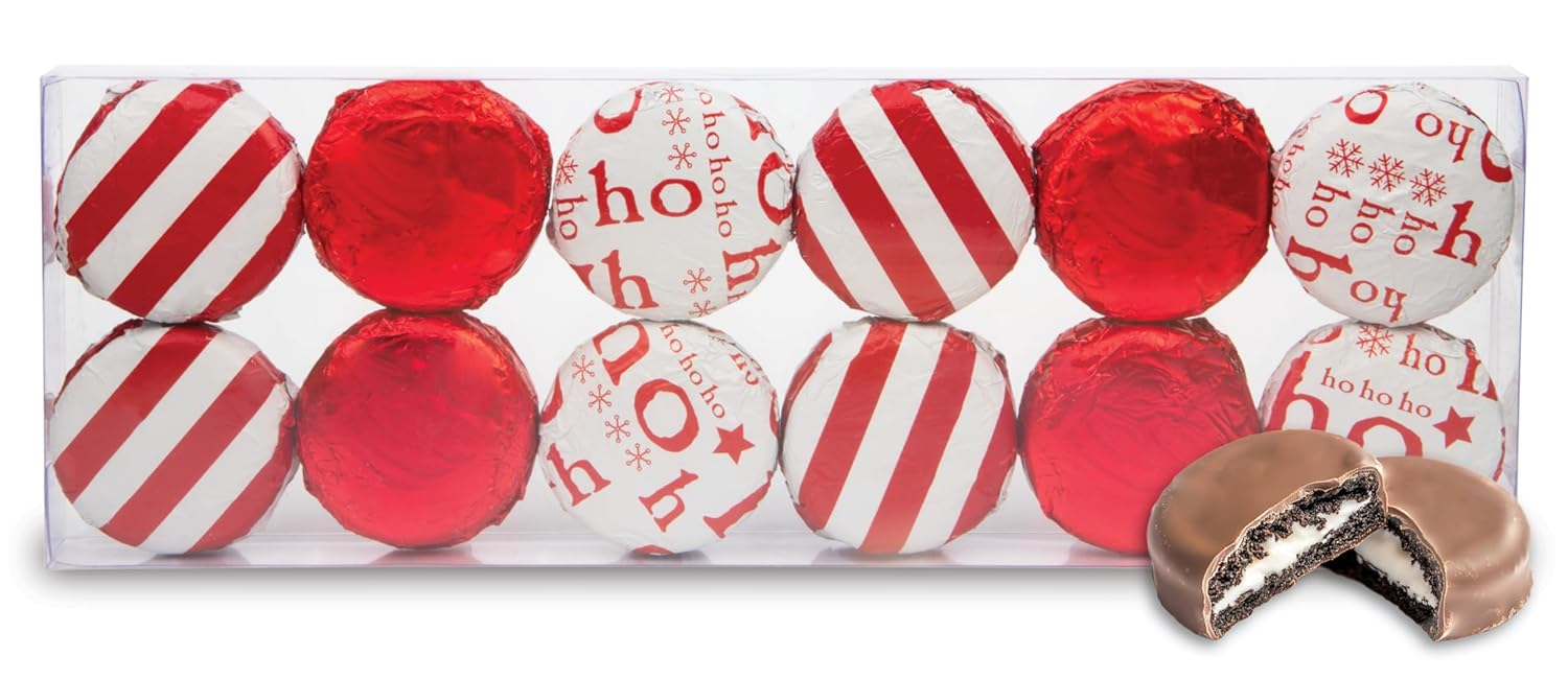 Chocolate Covered Cream Filled Cookies by Chocolate Works, 10 Gourmet Christmas Chocolate Gift Box, Milk Chocolate Coated Cookies, Holiday Gift Basket, Red or Green Gift Box