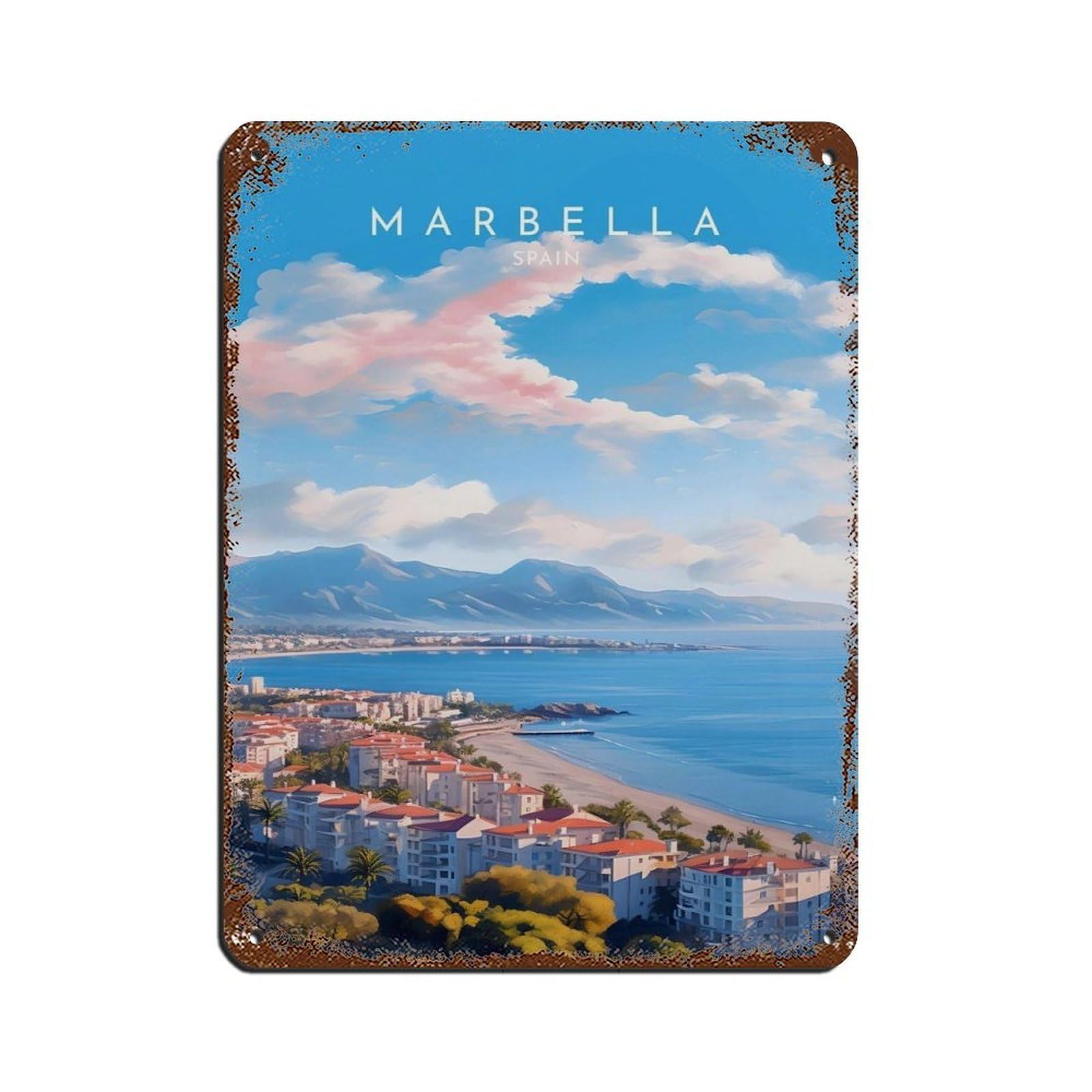 Lxwnze 30L X 40W Cm Marbella Travel- Spain Retro Poster Metal Tin Sign Chic Art Retro Iron Painting Bar People Cave Cafe Family Garage Poster Wall Decoration 12X16inch(30X40cm)