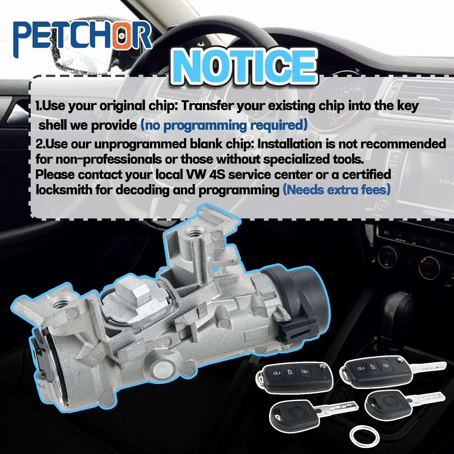 1K0905851B Ignition Switch Lock Cylinder with Intelligent Key Compatible with VW Jetta 2006-2018, Golf 2004-2011, EOS 2007-2011, Rabbit 2006-2009, Tiguan 2008-2011, Replace 1K0905841 1K0905865