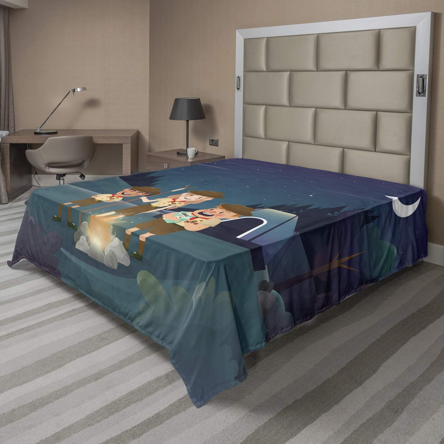 Ambesonne Camping Flat Sheet, 3 Scouts in The Forest at Night Moon Sky Mystic Outdoor Explorer Activity, Soft Comfortable Top Sheet Decorative Bedding 1 Piece, Full Size, Multicolor