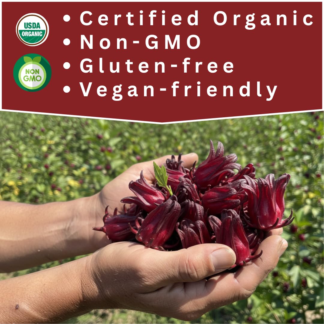 Organic Hibiscus Flowers - Sun Dried Edible Petals for Herbal Tea Drinks - Natural Purple Thai Roselle Herb 4 OZ