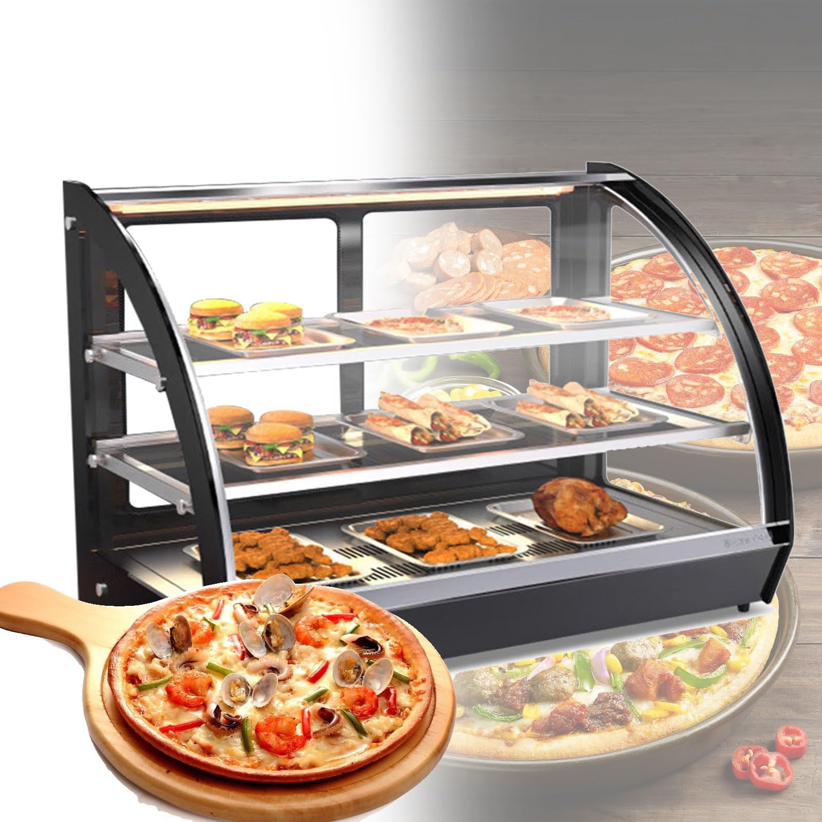 Circolazione Di Aria Calda A 3 Strati Da 1020 W - Banco Scaldavivande (Isolamento 30-80 ℃) + Luce Calda A Led, Vetrina Riscaldante (90X53X60 Cm), Vetrina Scaldavivande