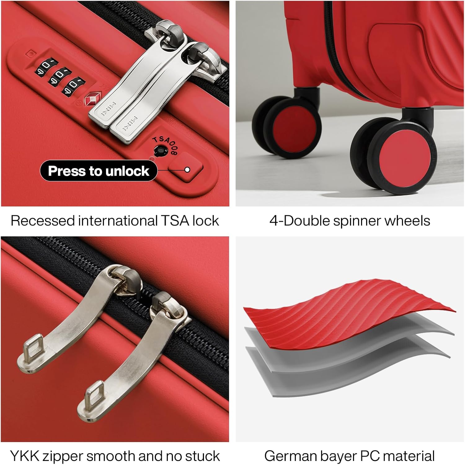 mixi Carry On Luggage Airline Approved 20'' Lightweight Luggage Wide Handle PC Hardshell Suitcases with Spinner Wheels & TSA Lock, Red