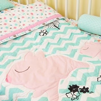 MOMZJOY 5-Piece Bedding Set with 100% Organic Cotton - Includes 1 Pillow (with Removable Filler), 2 Bolsters (with Removable Fillers), 1 Flat Bed Sheet, and 1 Reversible Quilt (Piggy)