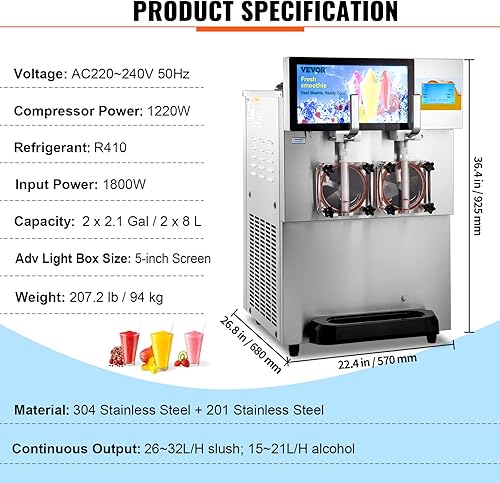 Miniatura 7 de VEVOR Máquina comercial de granizado máquina de margarita de doble tazón de 8 l21 galones máquina de margarita de acero inoxidable de 1800 W máquina