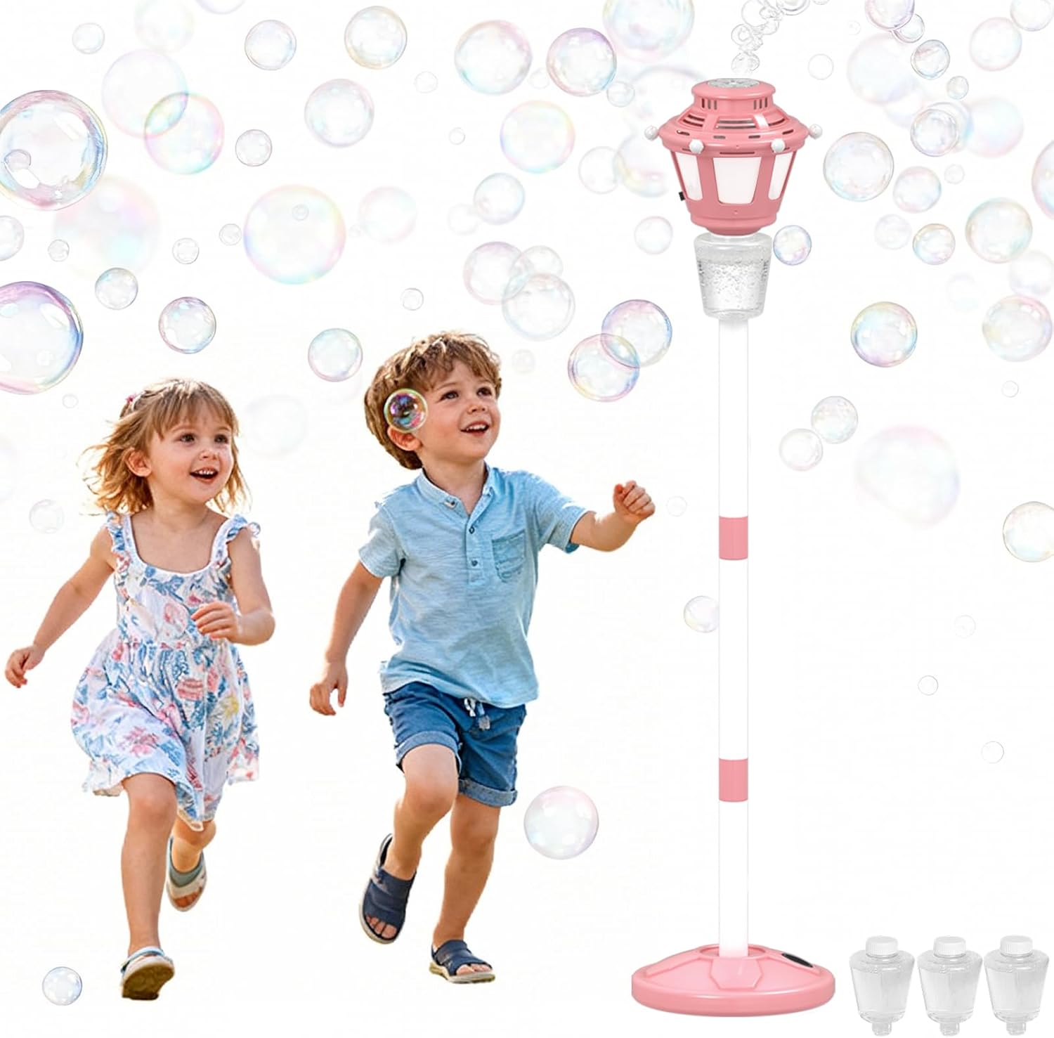 Bubble Machine Maker for Kids, Automatic Bubble Blower with Light & Rechargeable Battery, 40 Inch Adjustable Height Outdoor Toy for Toddlers Party Birthday (Includes 3 Solution), Blue
