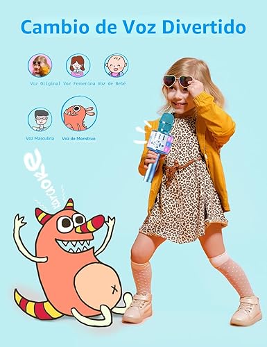 Vista 5 de Amazmic Máquina de micrófono de karaoke para niños, juguetes para niñas, micrófono Bluetooth con luz LED, regalo de Navidad y cumpleaños para niñas