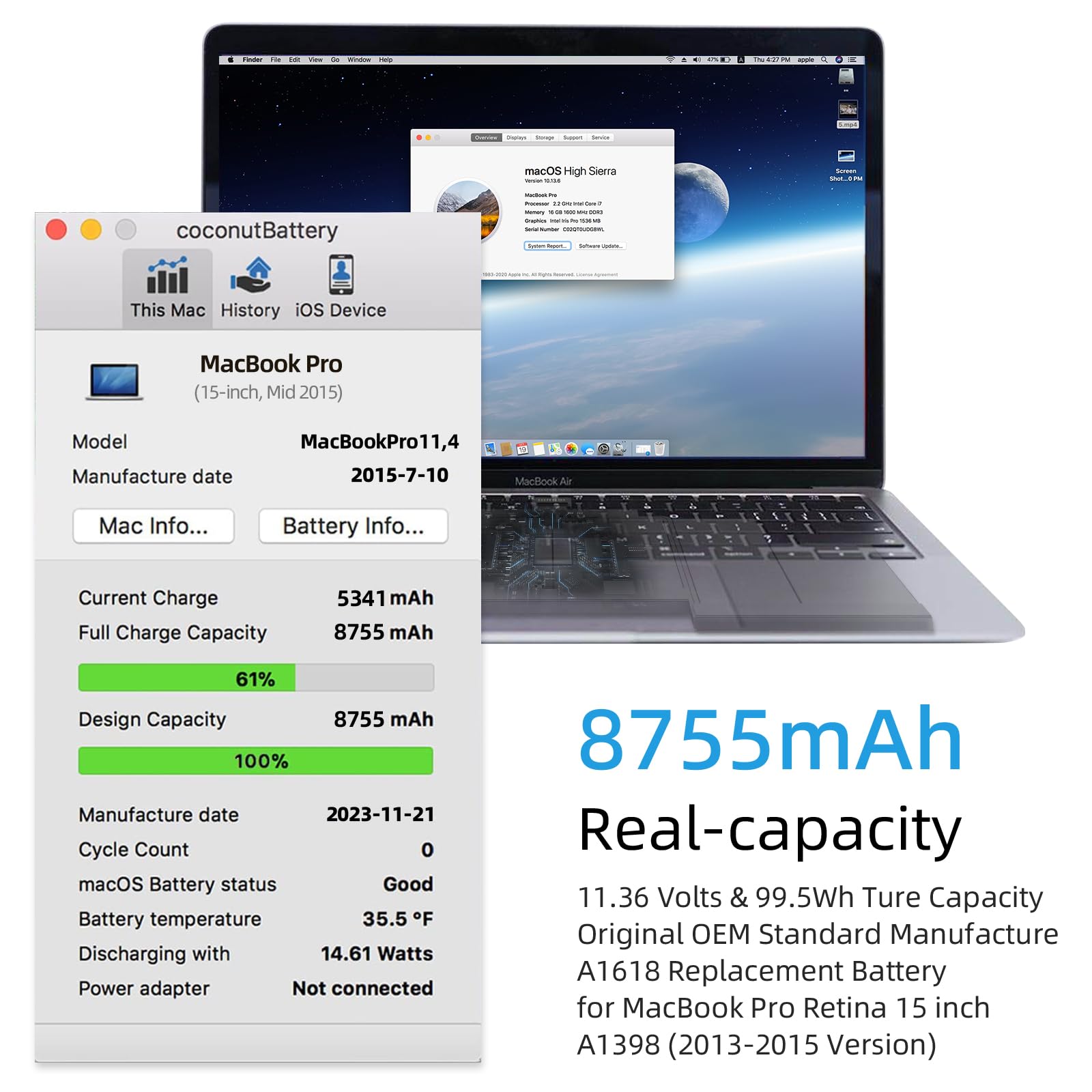A1398 Batterie Ersatz, A1618 A1494 Batterie für MacBook Pro 15 Zoll Mid 2015 Mid 2014 Late 2013 Version EMC 2910 2909 2881 2876 2745 2674 Kapazität 11.36V 99.5Wh 8755mAh