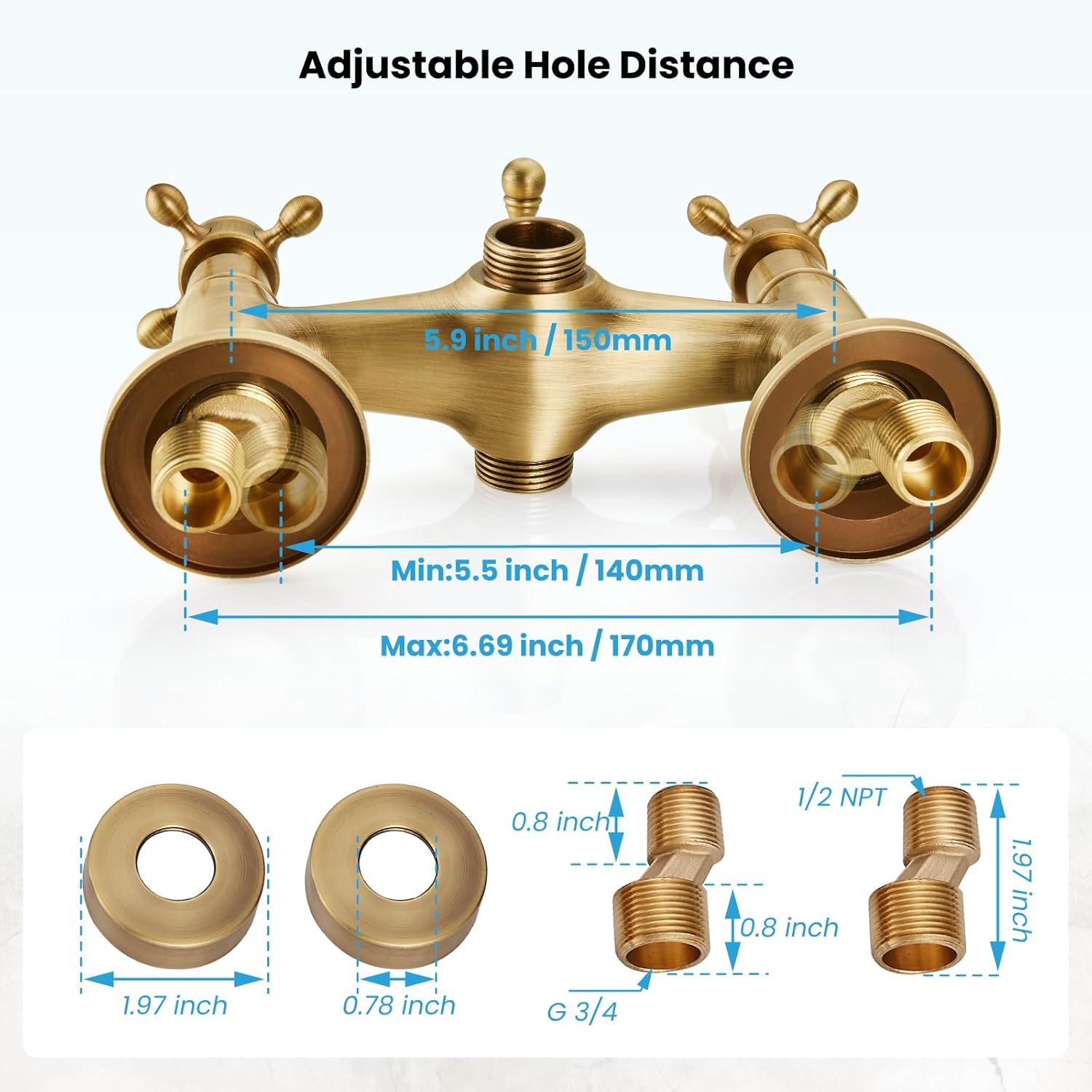 gotonovo Wall Mount Clawfoot Bathtub Faucet with HandHeld Spray and 360° Double Cross Handle Swivel Spout Vintage Tub Shower Faucet Set with Adapter Adjustable Swing Arms Antique Brass