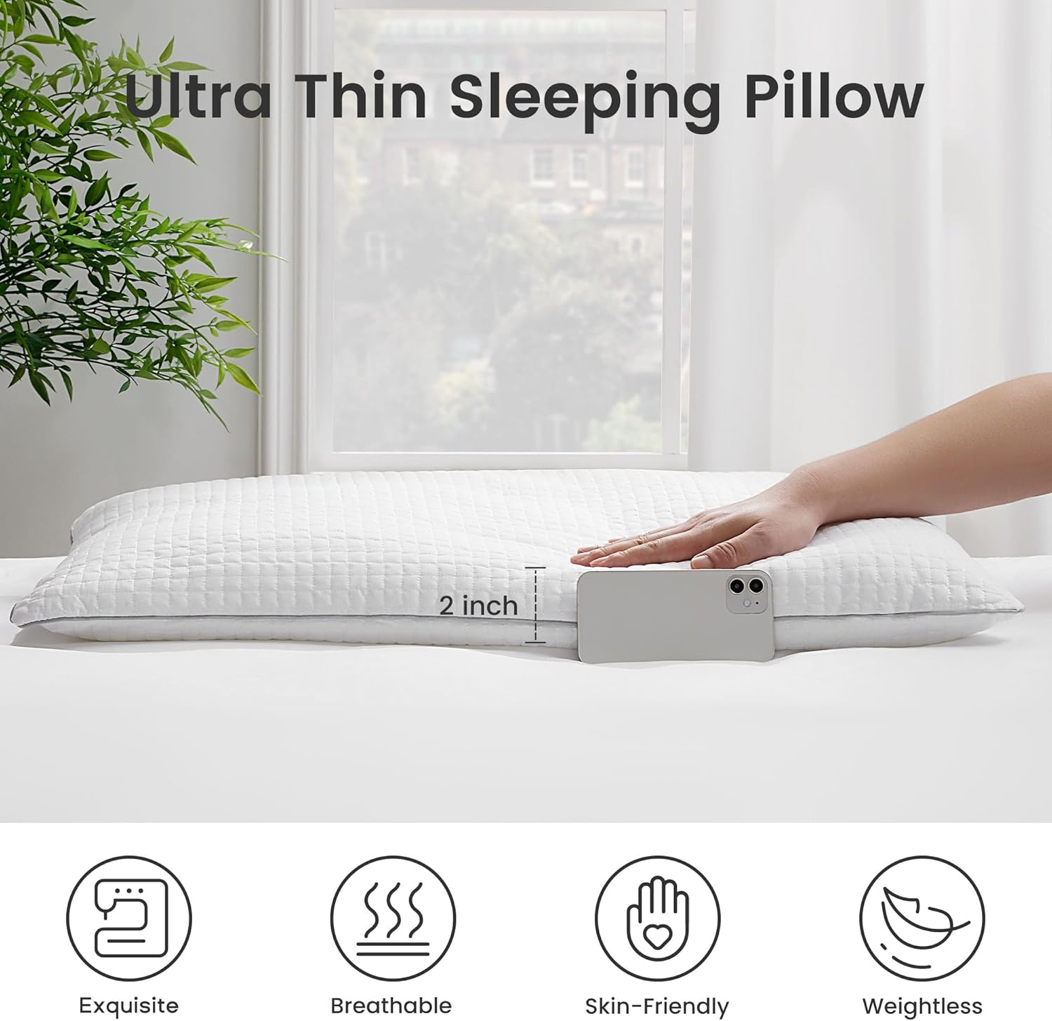 Sonive Ultra Thin Pillows Hotel Quality for Sleeping 2 Pack Queen Size, Bed Pillows for Back, Stomach or Side Sleepers, Flat Pillow with Premium Soft Down Alternative Fill (White, 20" x 30")