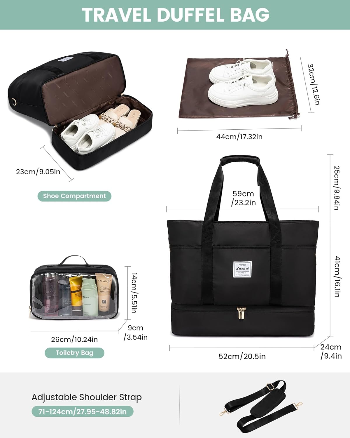 LOVEVOOK Utazótáska használat közben, vállpánttal