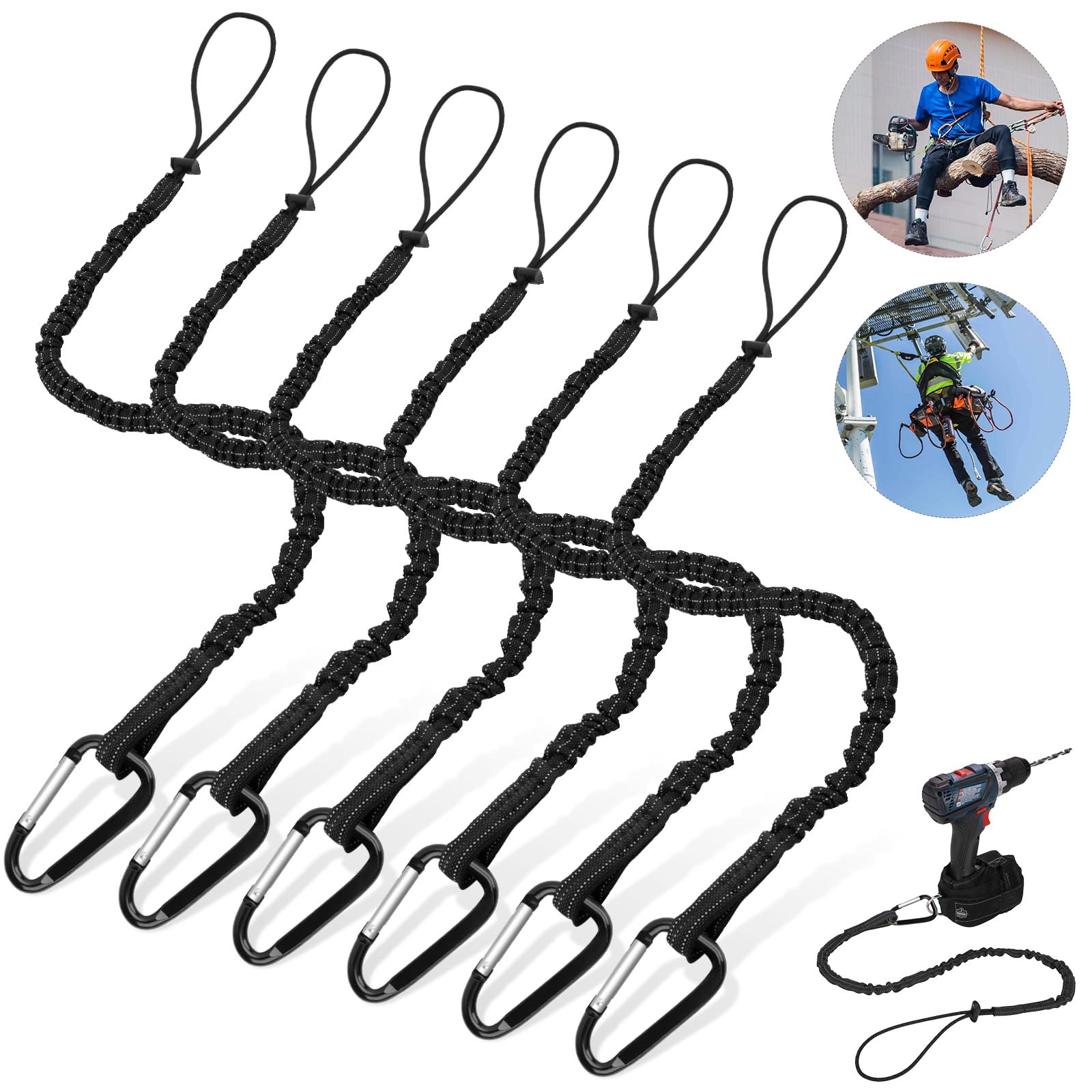 6 Pièce Longe à Outils, Cordon de Sécurité pour Travaux en Hauteur, Lanière de Sécurité avec Mousqueton, Laisse à Outil de Sécurité Rétractable, Outil de Protection Contre Les Chutes, Maximum 15KG