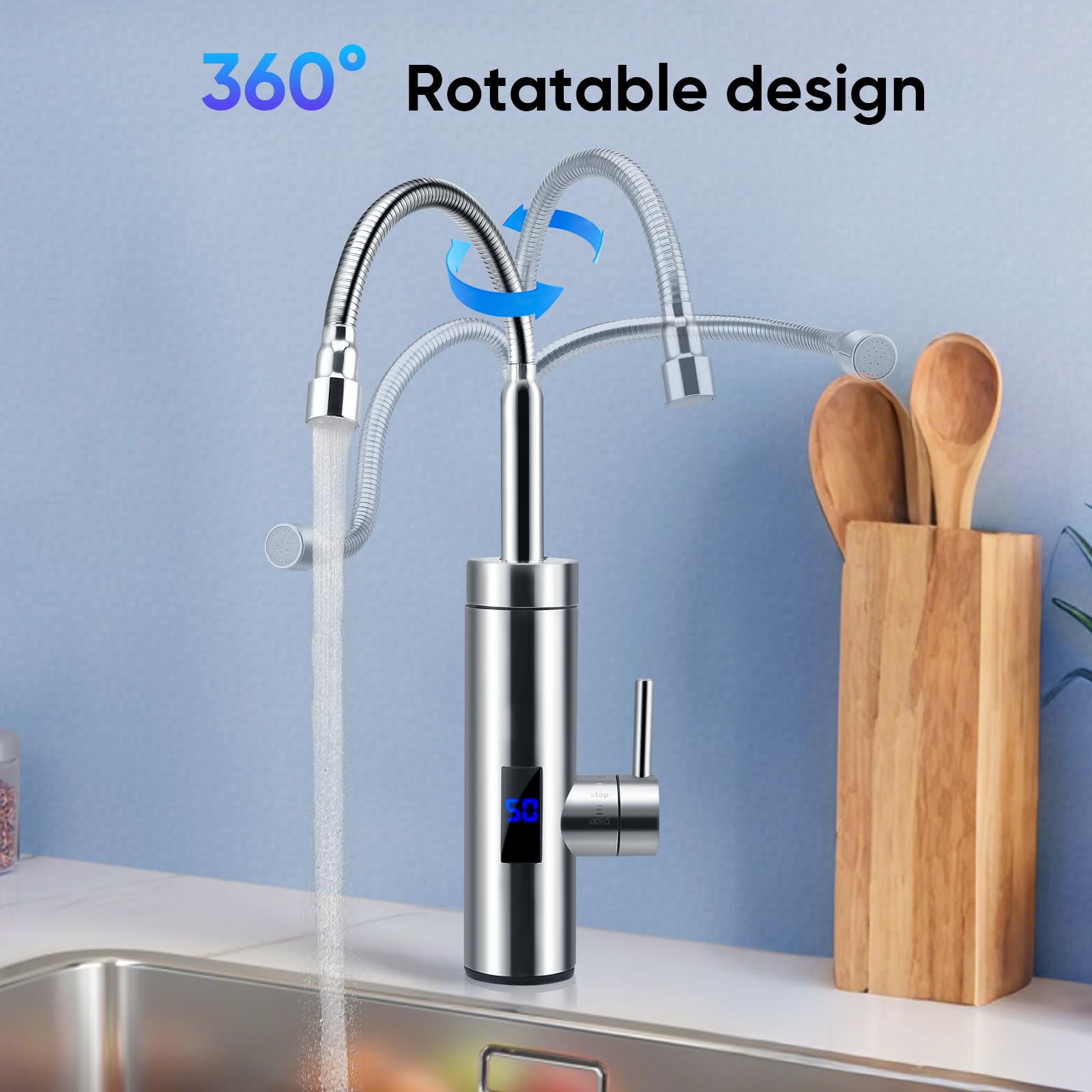 Wasserhahn mit Durchlauferhitzer, 360° Wasserhahn, 3000 W Durchlauferhitzer, Edelstahl-Wasserhahn mit LCD-Temperaturanzeige für Küche, Garten und Wohnwagen (A)