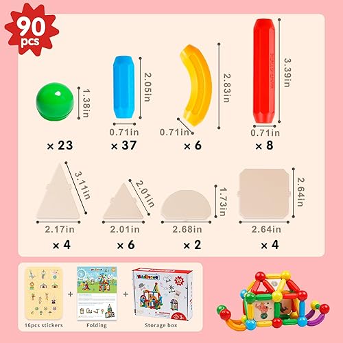 Miniatura 5 de MAGBLOCK 90 piezas de bloques de construcción magnéticos, regalo para niños y niñas, palos magnéticos, bolas y varillas, juegos de juguetes de