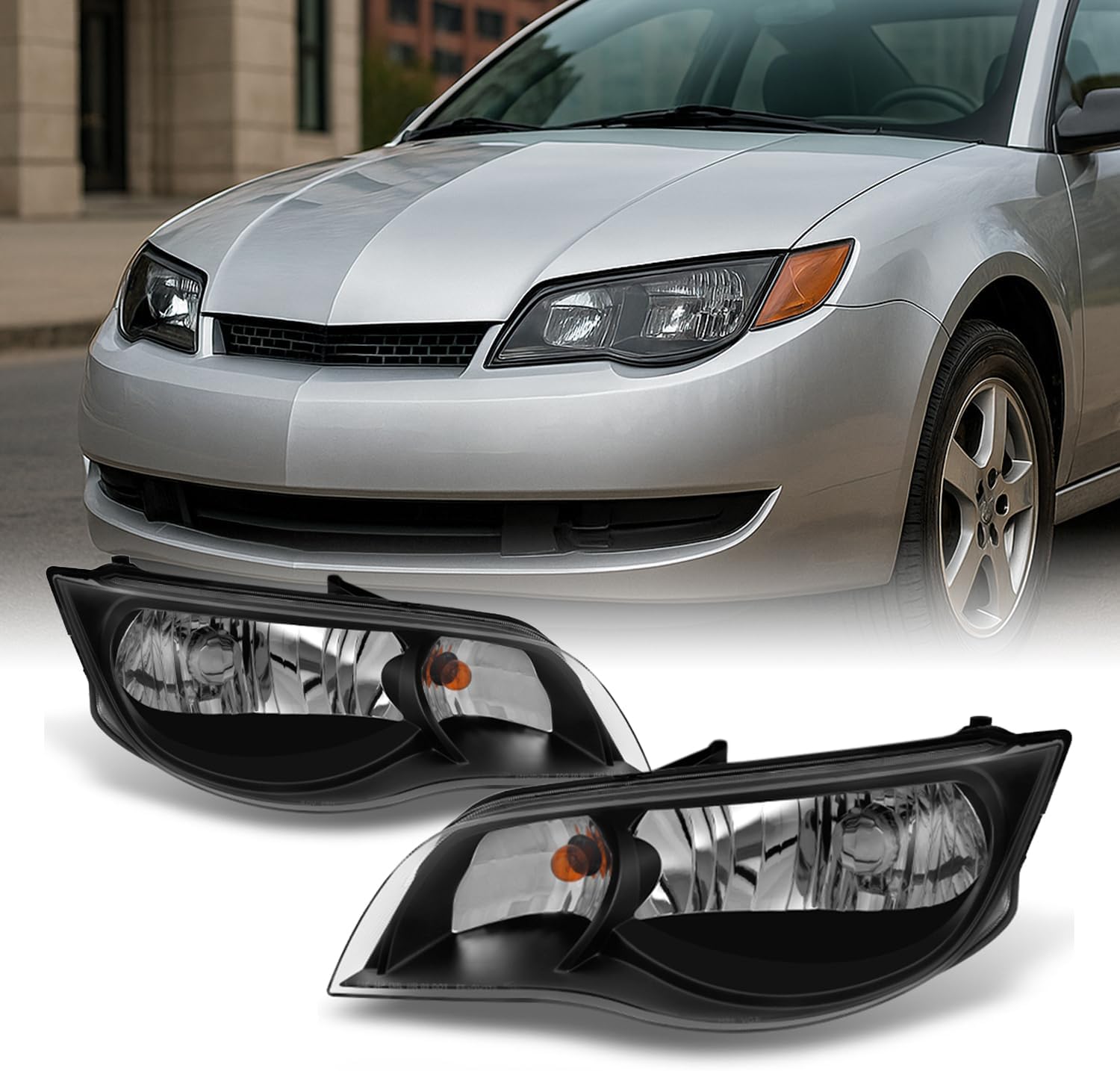AKKON - For 2003 2004 2005 2006 2007 Saturn ION Black Left + Right Side Headlights Front Lamps Assembly Set Pair