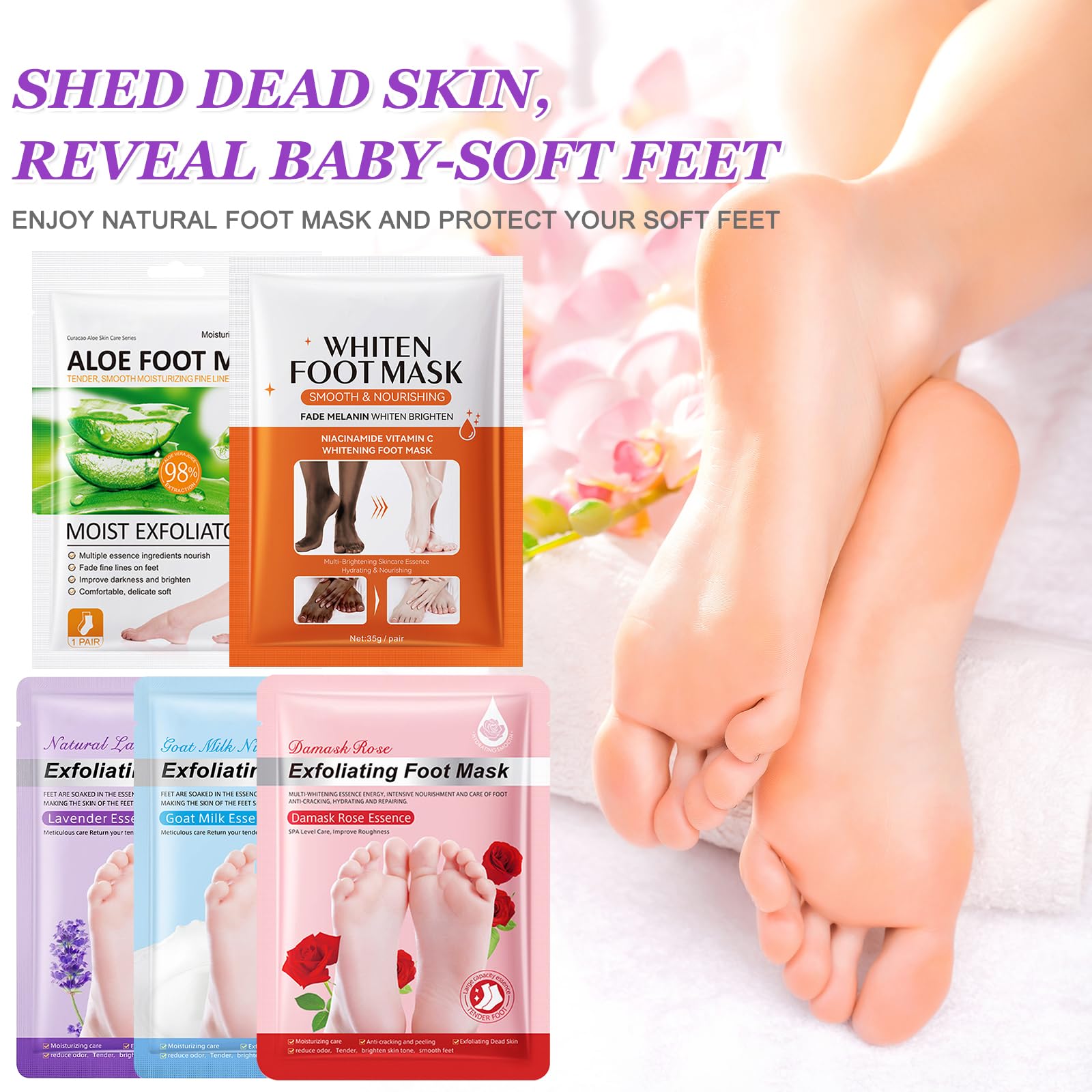 5 Paia Maschera Piedi Esfoliante, Calzini Idratanti per Piedi, Foot Peel Mask per Calli, Pelle Morta e Talloni Screpolati, Lavanda Latte di Capra Rosa Aloe Sbiancamento Foot Mask per Donne e Uomini