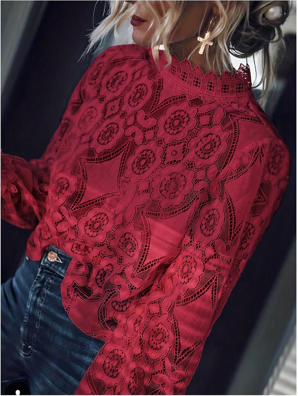 WDIRARA Women's Lace Top Mesh Sheer Blouse Mock Neck Flounce Long Sleeve Shirts - Image 5