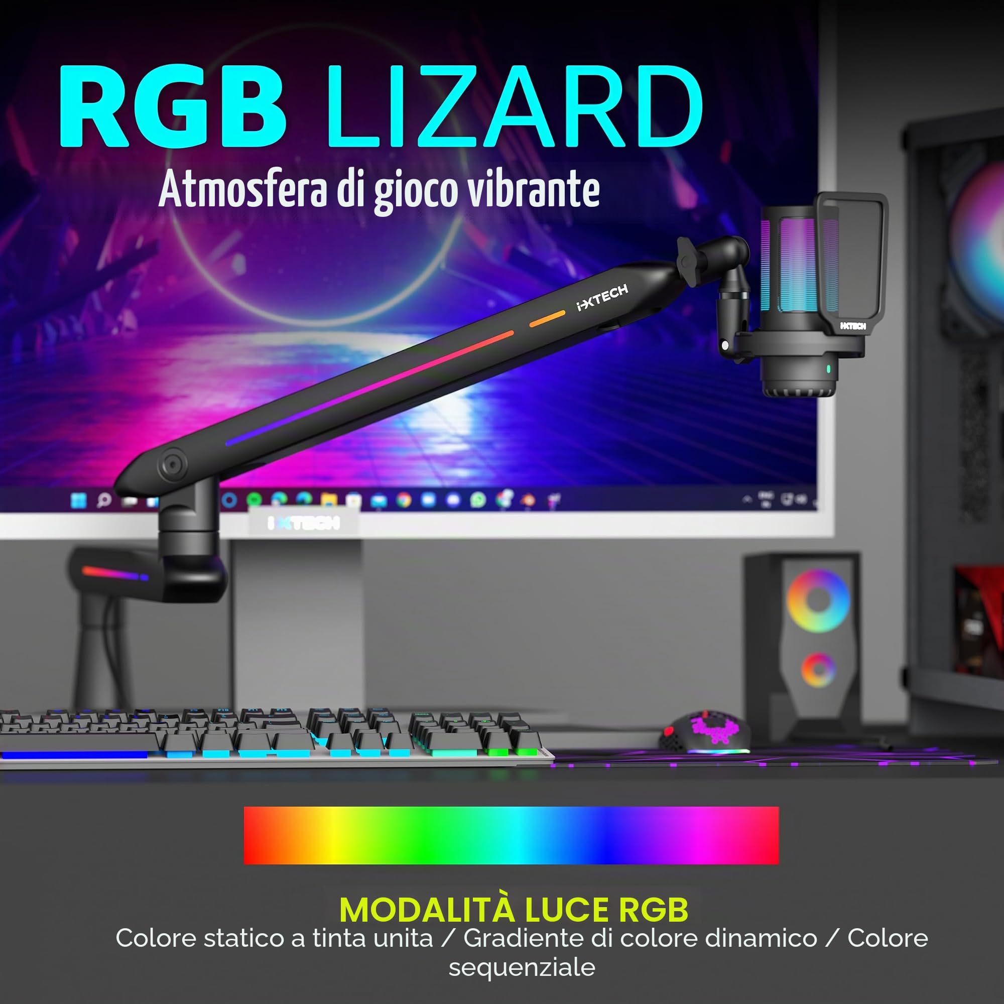 IXTECH Braccio RGB a basso profilo per microfono, supporto regolabile con morsetto per montaggio a scrivania, braccio girevole per gestione dei cavi per podcast streaming