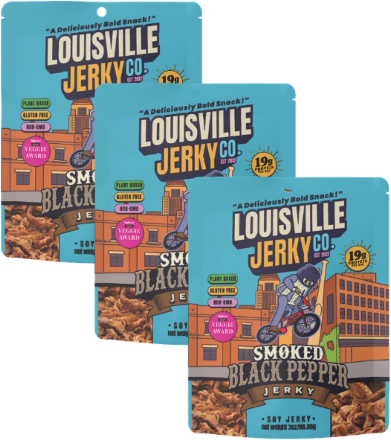 Louisville Jerky Co. Smoked Black Pepper Plant Based Jerky, Vegan Protein Snacks (3 Ounce, 3-Pack), Gluten Free Snacks Vegetarian Non-GMO