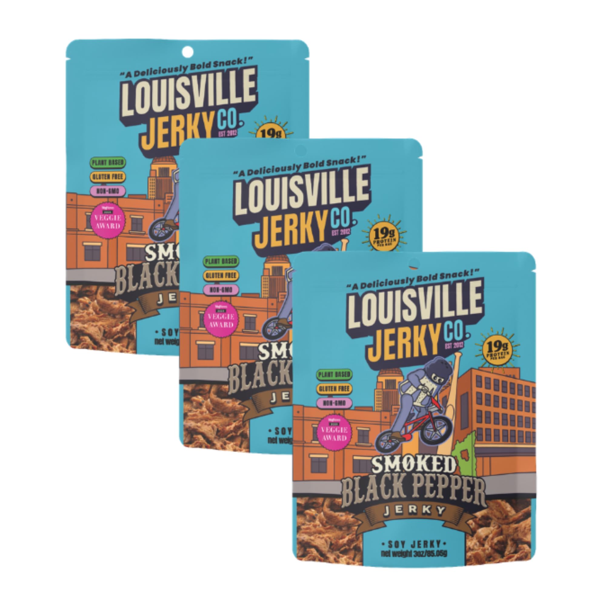 Louisville Jerky Co. Smoked Black Pepper Plant Based Jerky, Vegan Protein Snacks (3 Ounce, 3-Pack), Gluten Free Snacks Vegetarian Non-GMO