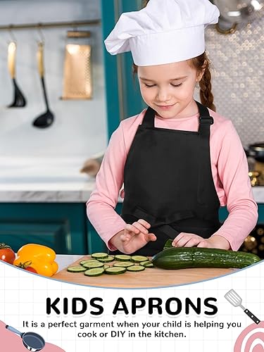 Miniatura 4 de Cozypower 3 delantales negros para niños, delantales ajustables de algodón con 2 bolsillos, delantales de chef para niños, para cocinar, hornear,