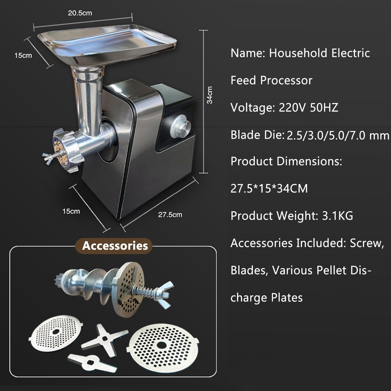Elektryczna maszyna do granulowania pasz dla zwierząt, granulator 500 W do karmy dla zwierząt domowych, przynęty wędkarskiej, nasion ptaków, zawiera ostrza z przełącznikiem obrotowym dla
